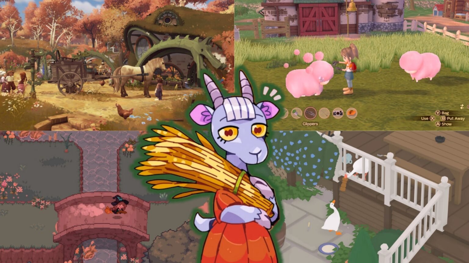 Cottagecore Games Collage with Images from Tales of the Shire, Story of Seasons - A Wonderful Life, Little Witch in the Woods, Untitled Goose Game, and Bear and Breakfast