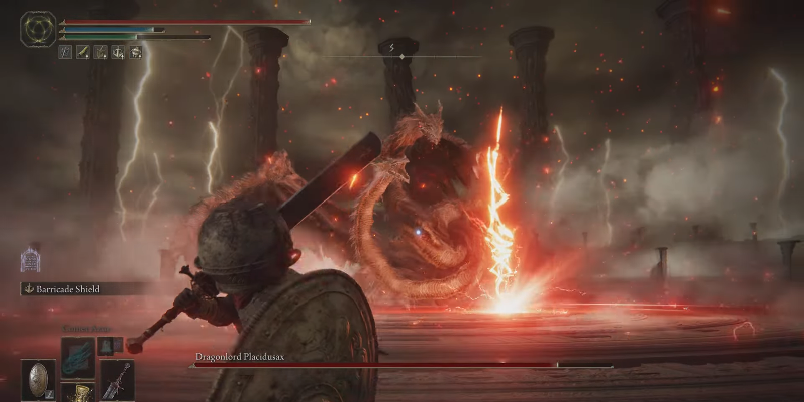 An image of Dragonlord Placidusax boss fight in Elden Ring