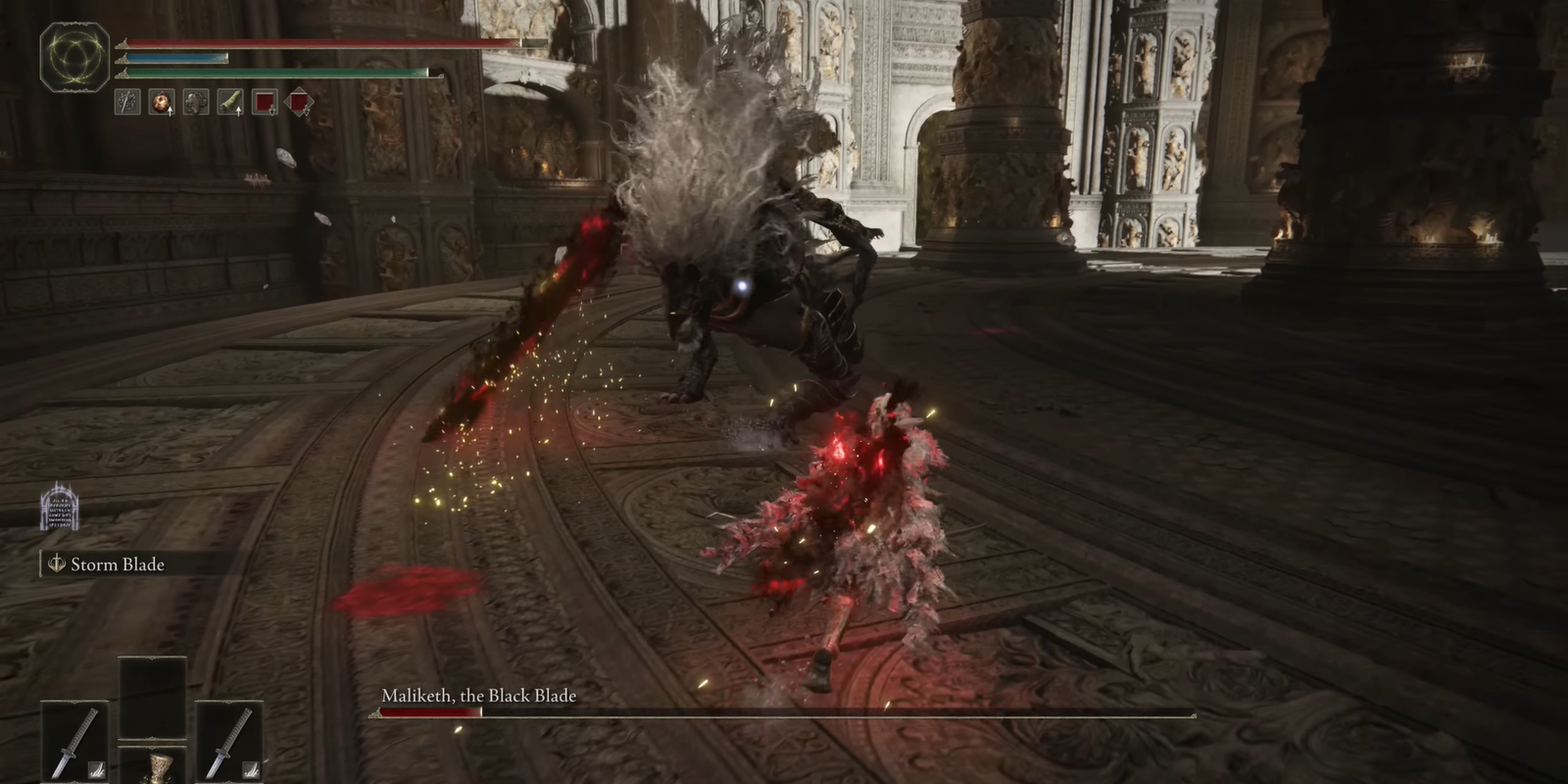 An image of Maliketh, the Black Blade boss fight in Elden Ring