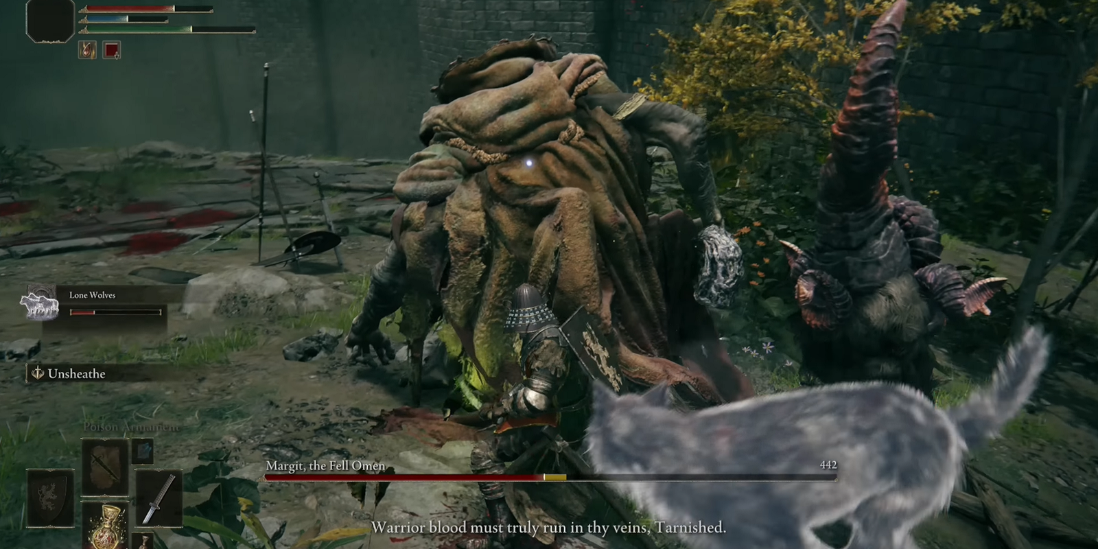 An image of Margit, the Fell Omen boss fight in Elden Ring