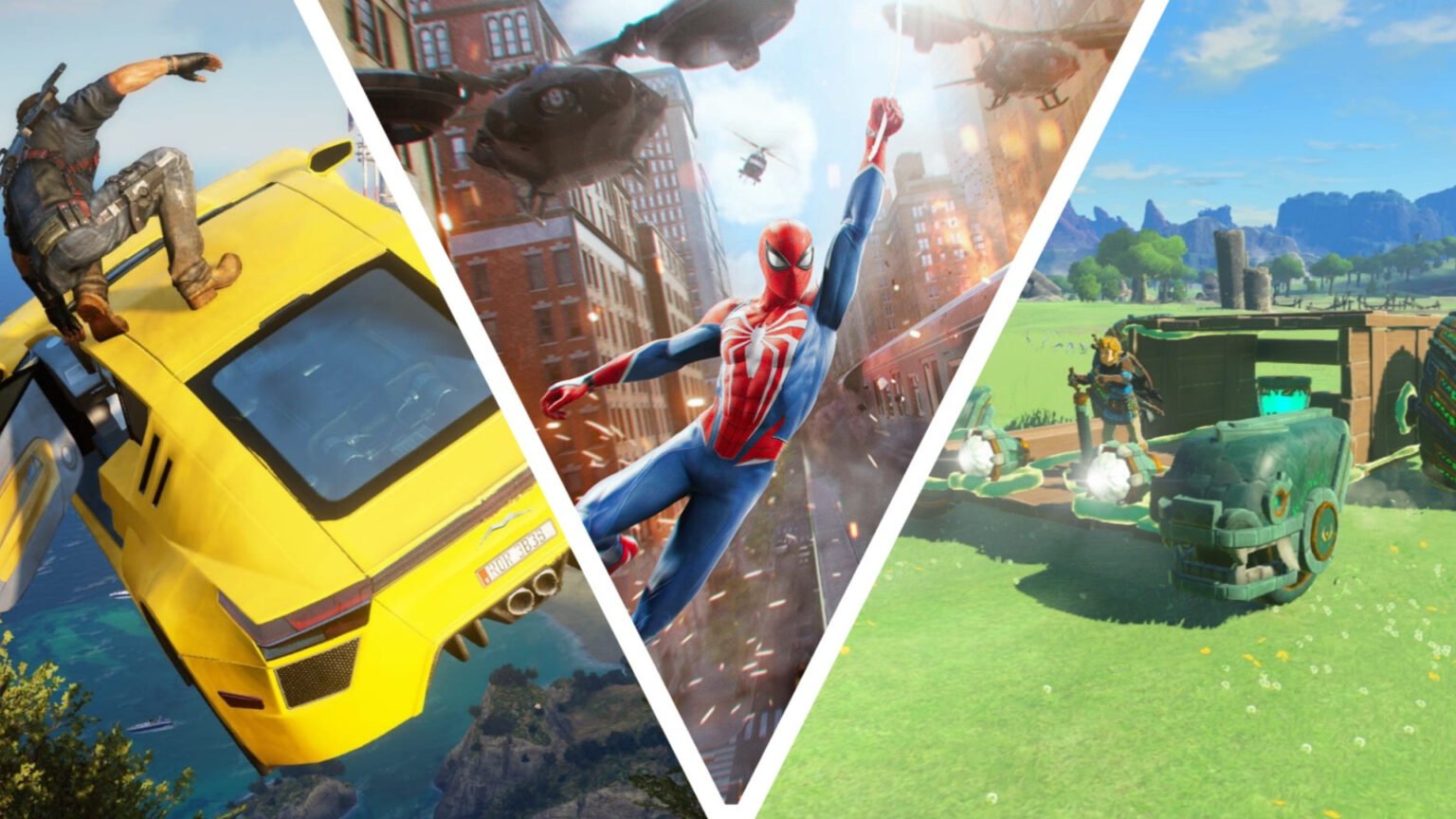 Just Cause 3 flying on top of a car, Spiderman webslinging through the air and Link making a car in Tears of the Kingdom