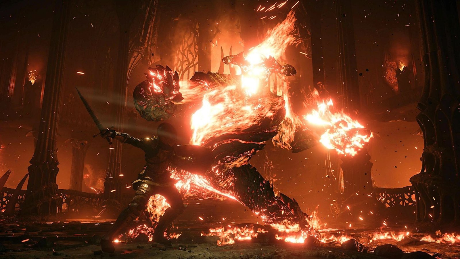 Flamelurker and character fighting in Demon's Souls.