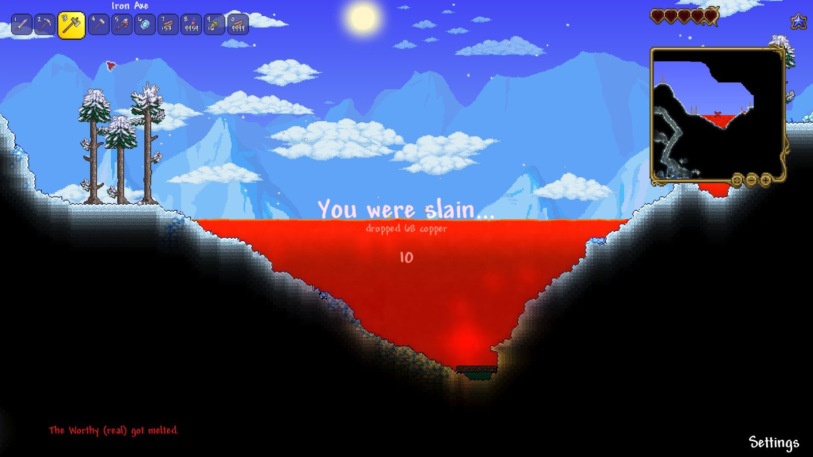 Player dying to a lava pool in a Snow Biome in Terraria's For the Worthy seed.