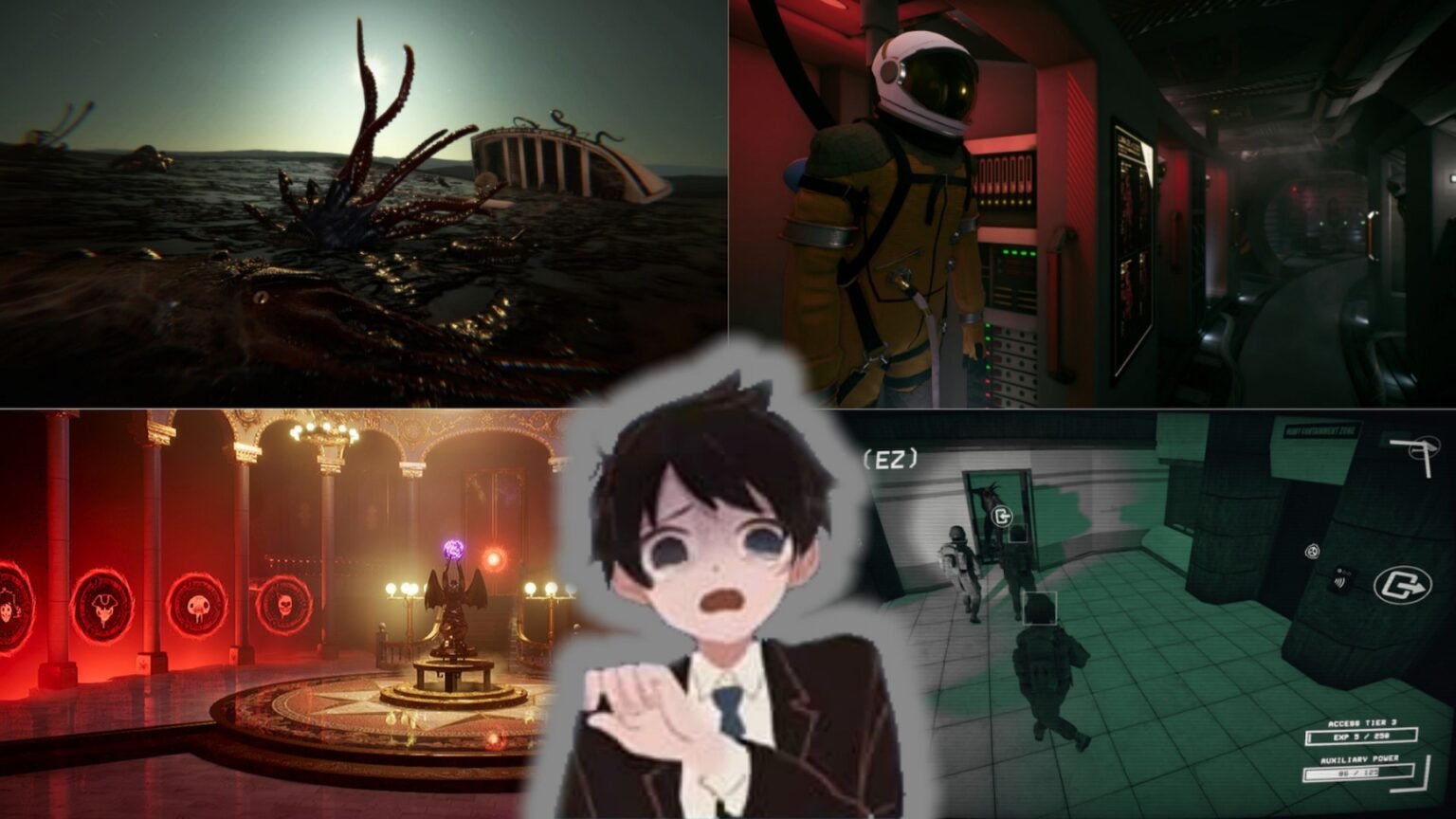 Free Horror Game Collage with Images from Dagon, We Went Back, Dark Deception, SCP Secret Laboratory, and Saihate Station