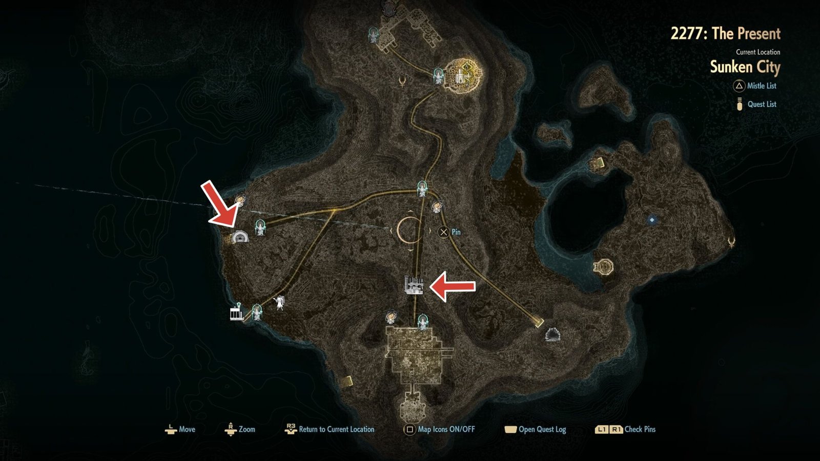 Map showing the ruins and water plant in Code Vein 2.