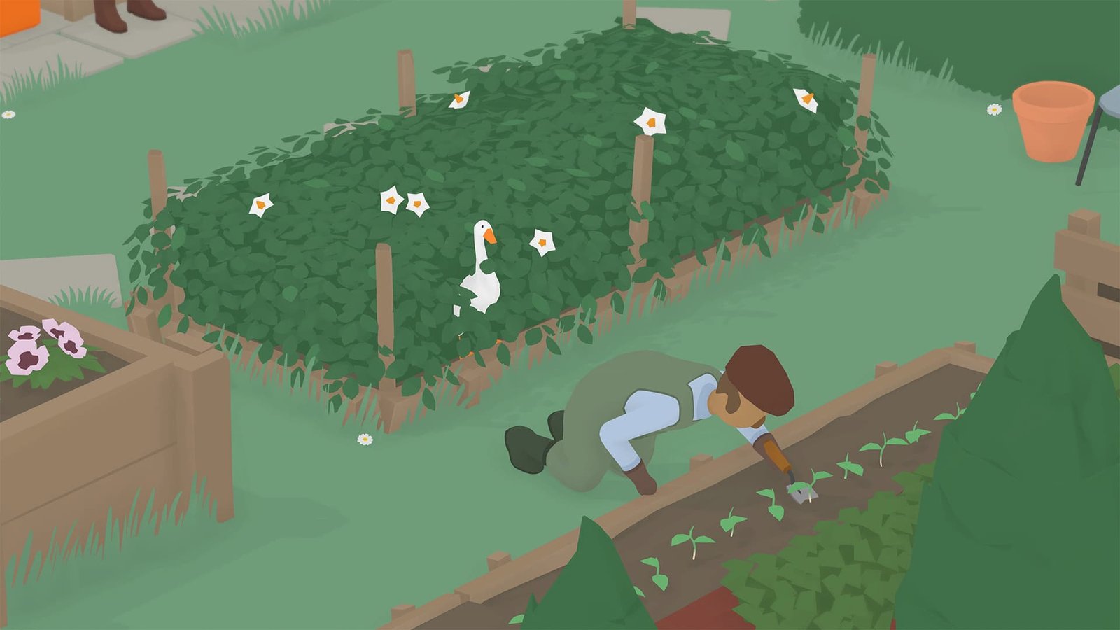 Goose Hiding in Bushes Behind an Old Man in Untitled Goose Game