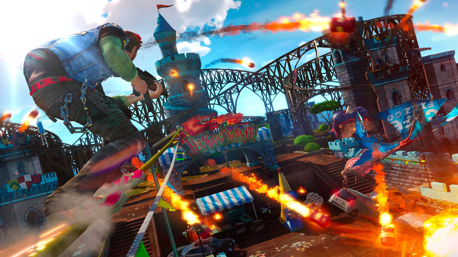 Grinding on a rail in Sunset Overdrive at an amusement park with missles flying around