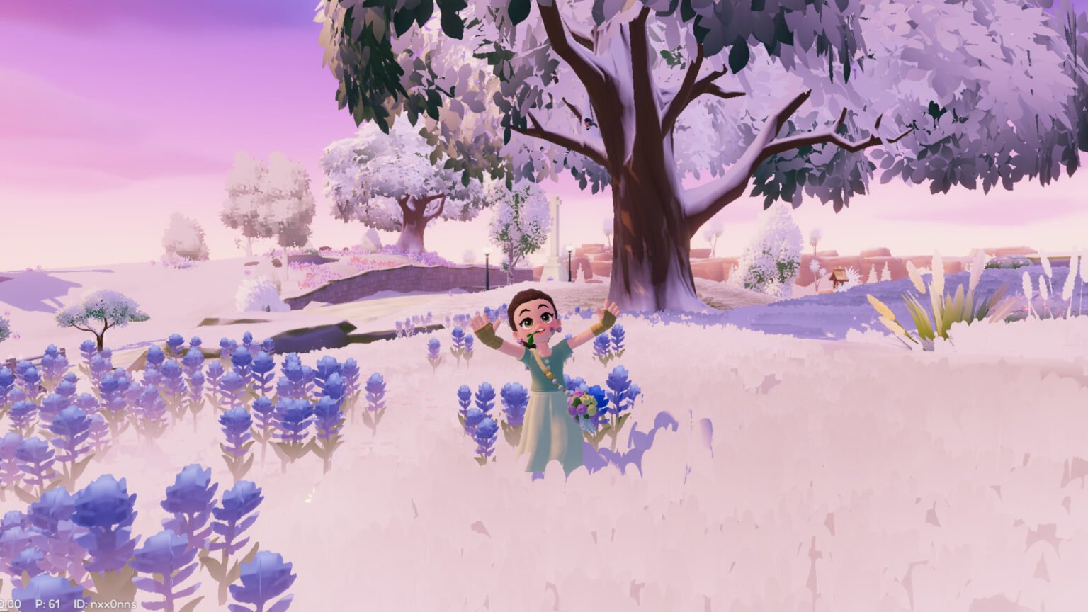 Standing near a giant tree in the snow in Heartopia, about to turn the snow off.
