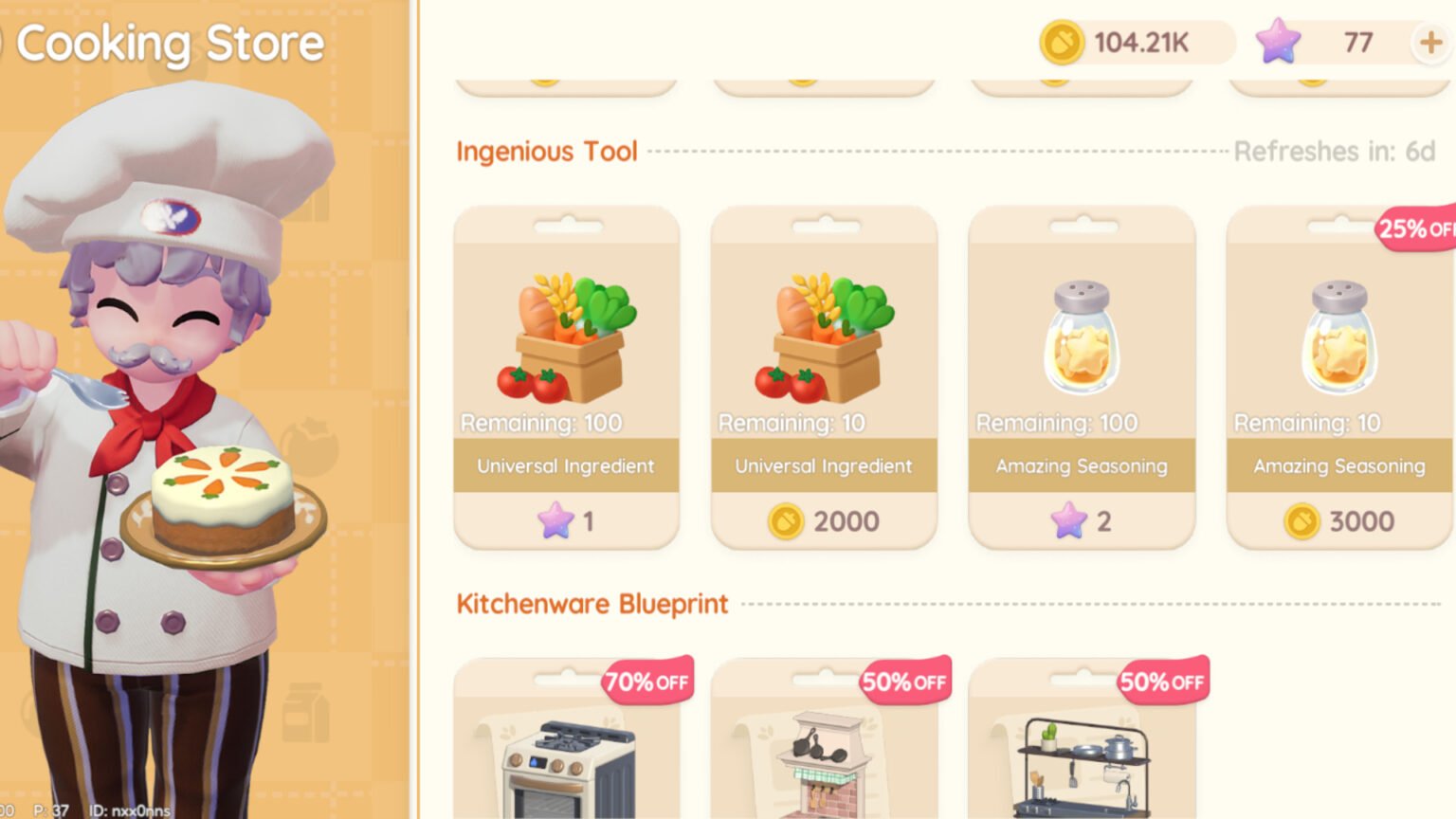 Massimo the Chef's store in Heartopia, showing an array of his stock.