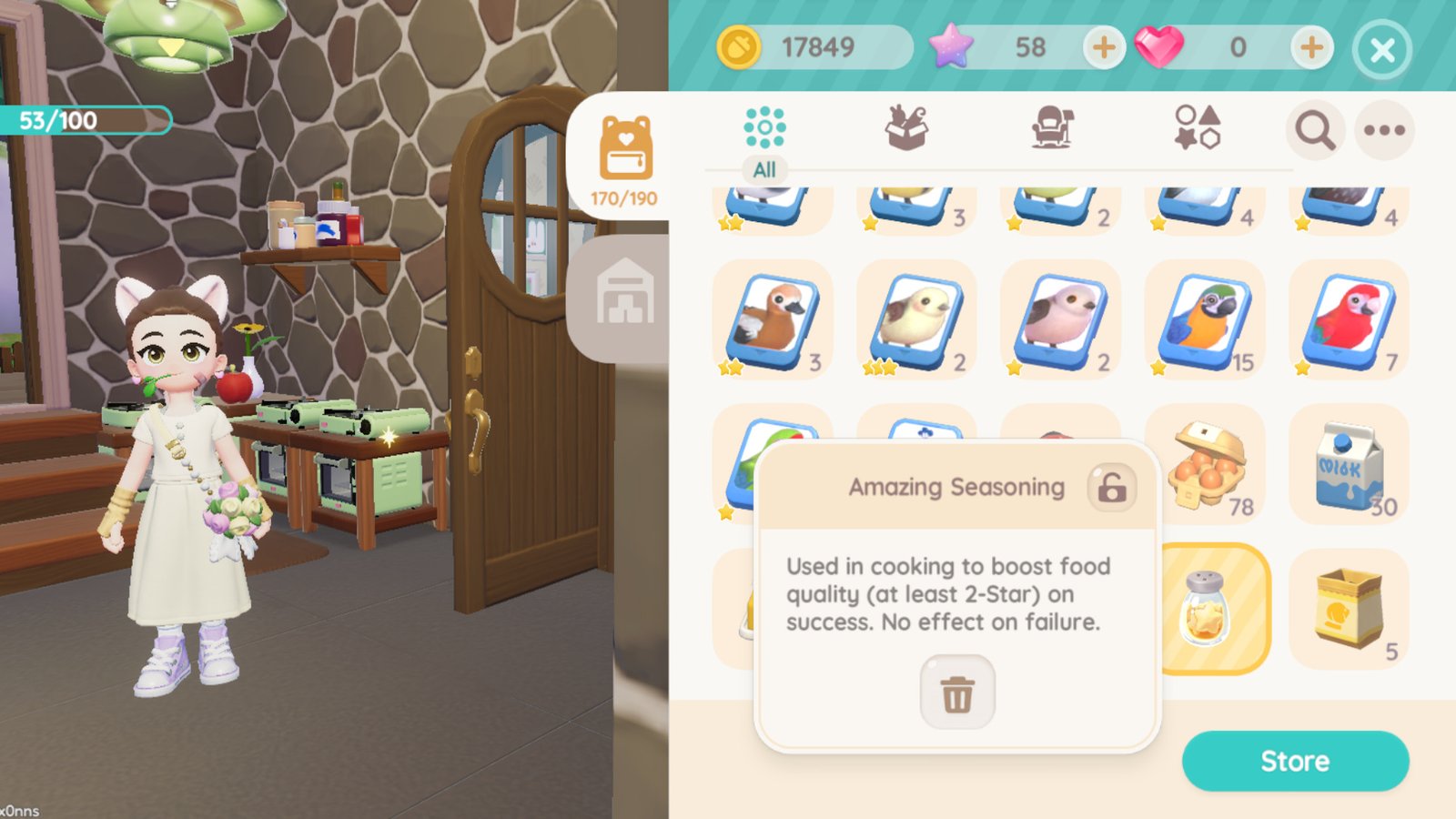 Seasoning in a player's backpack in Heartopia. Find out how to use Seasoning in Heartopia by tapping on it and reading its description.