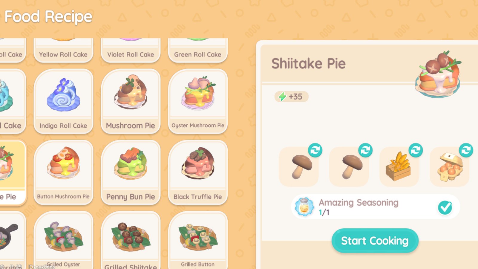 Adding Seasoning to a Shiitake Pie in Heartopia.