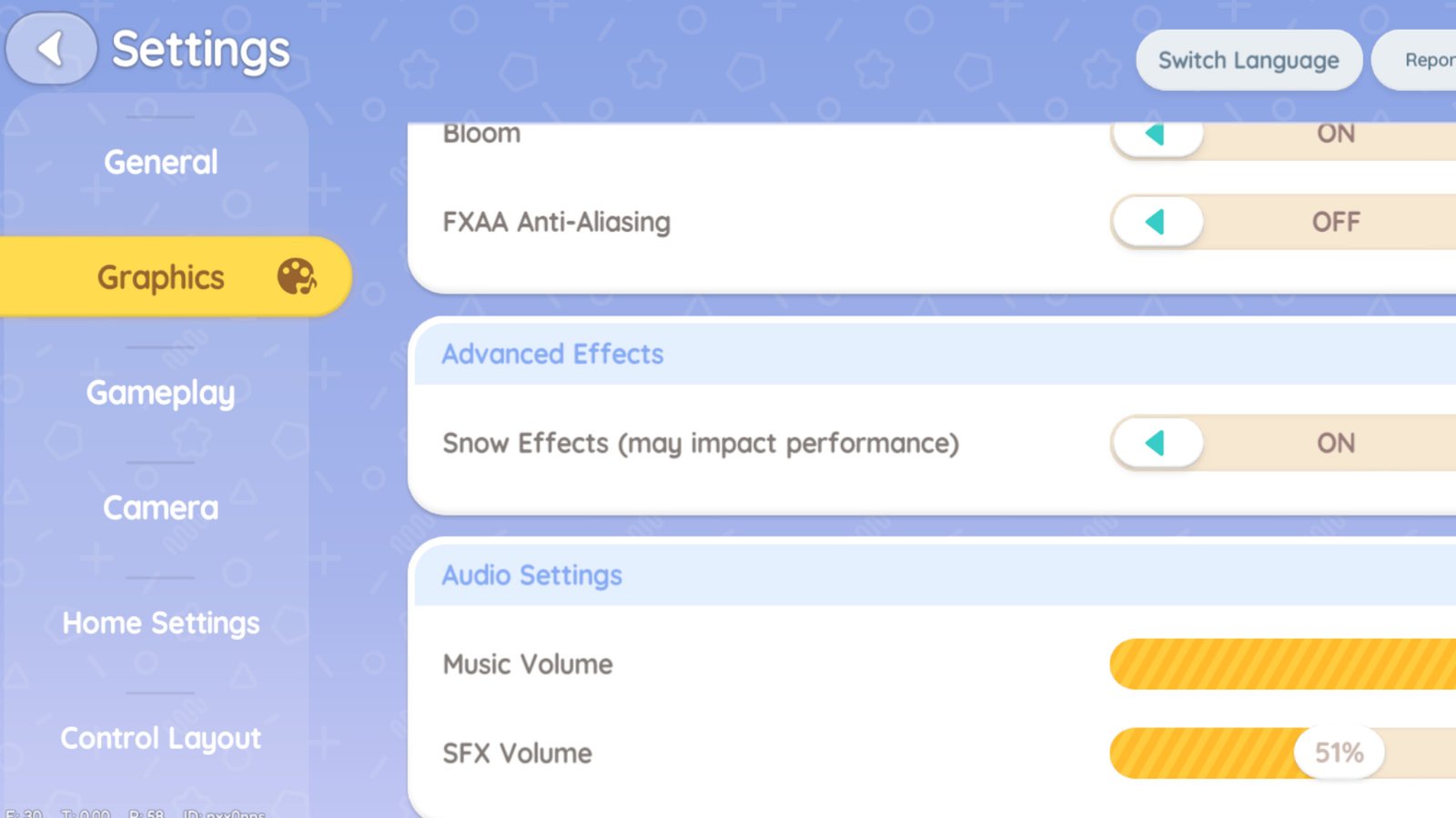 The option for advanced effects, which turns off snow in Heartopia.