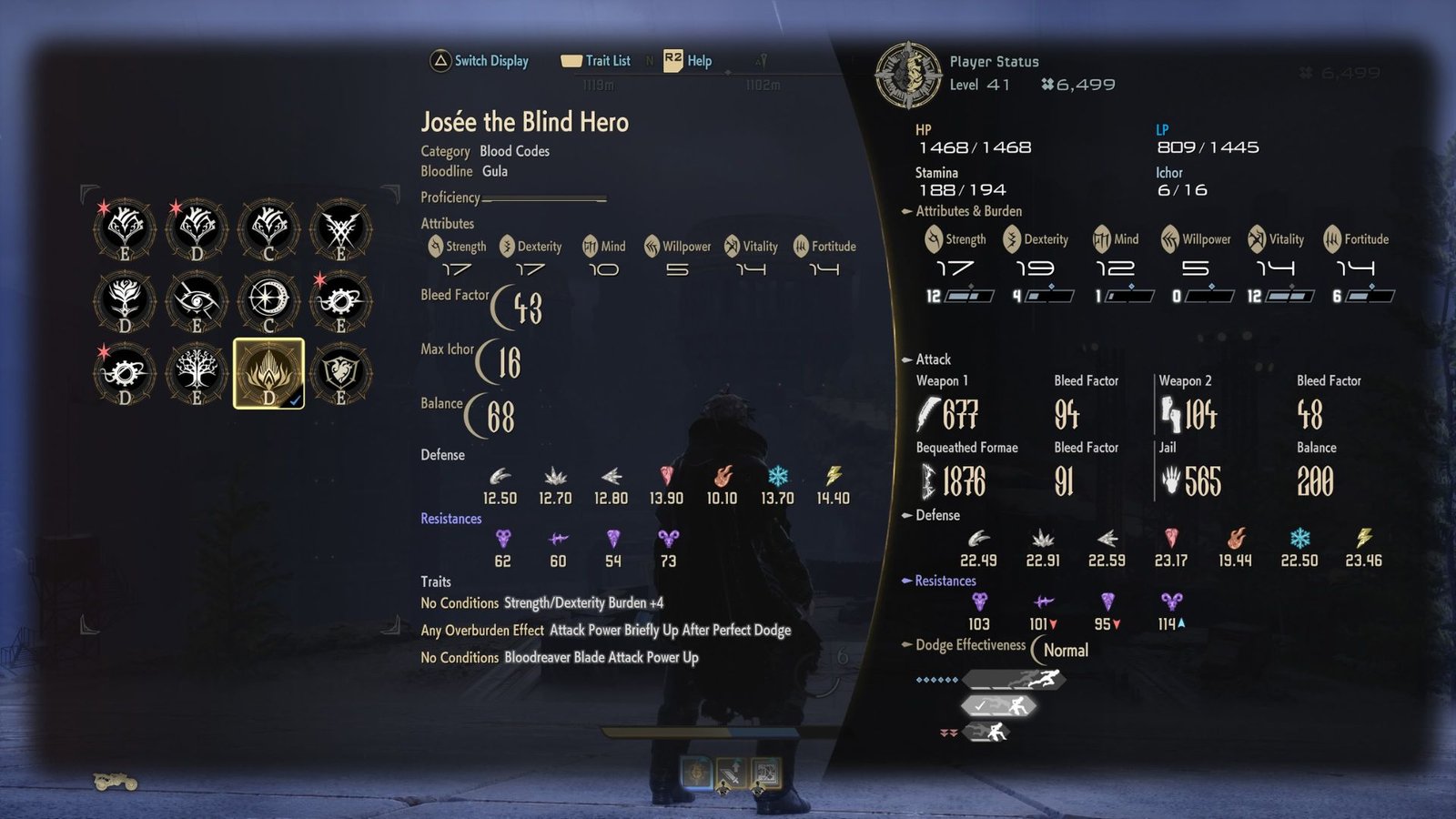 Showing the stats of the Josse the Blind Hero Blood Code in Code Vein 2