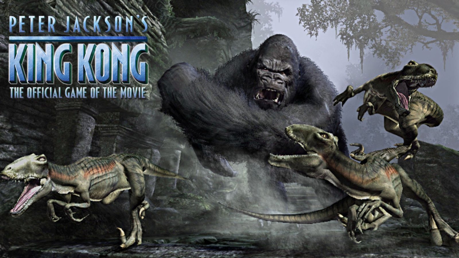 King Kong is swatting away three velociraptors