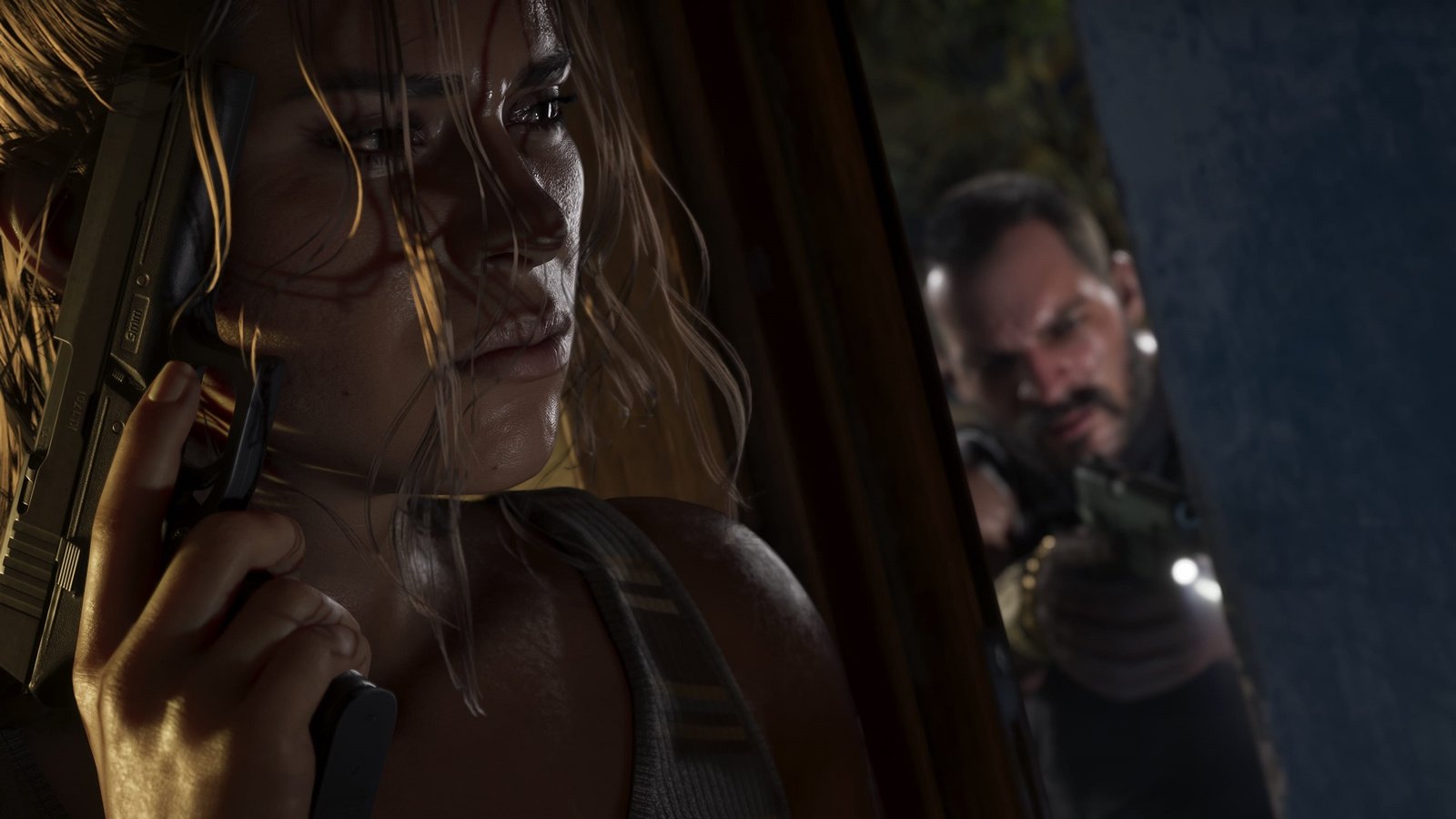 Lucia Caminos holding a gun in a window while hiding from a shooter in Grand Theft Auto 6.