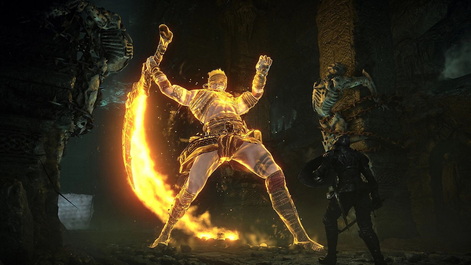 Old Hero Swinging a Fire Sword in Demon's Souls.