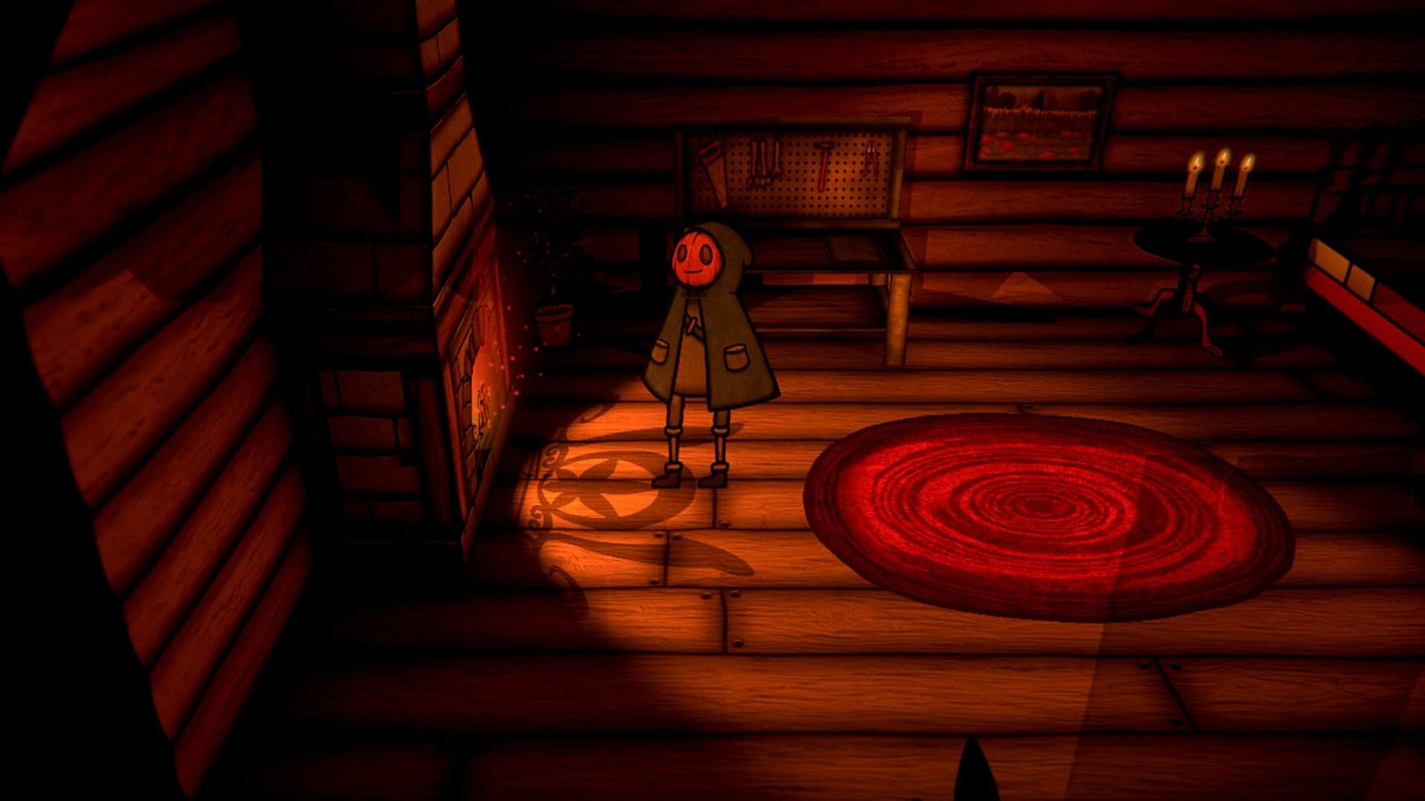 Pumpkin Head Man Standing in Front of a Fireplace in PUMPKIN PANIC