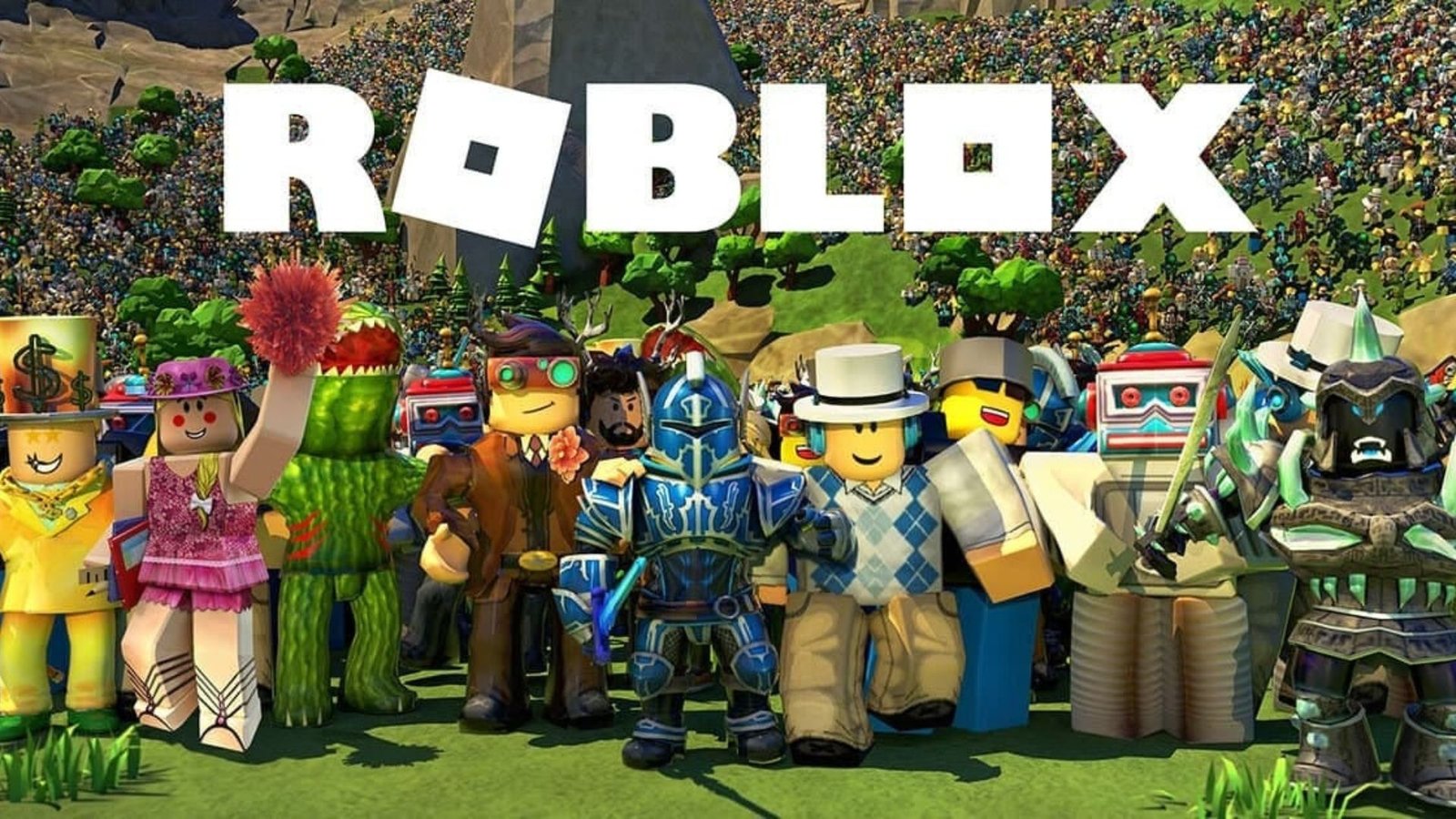 Roblox logo with players showing off cosmetics