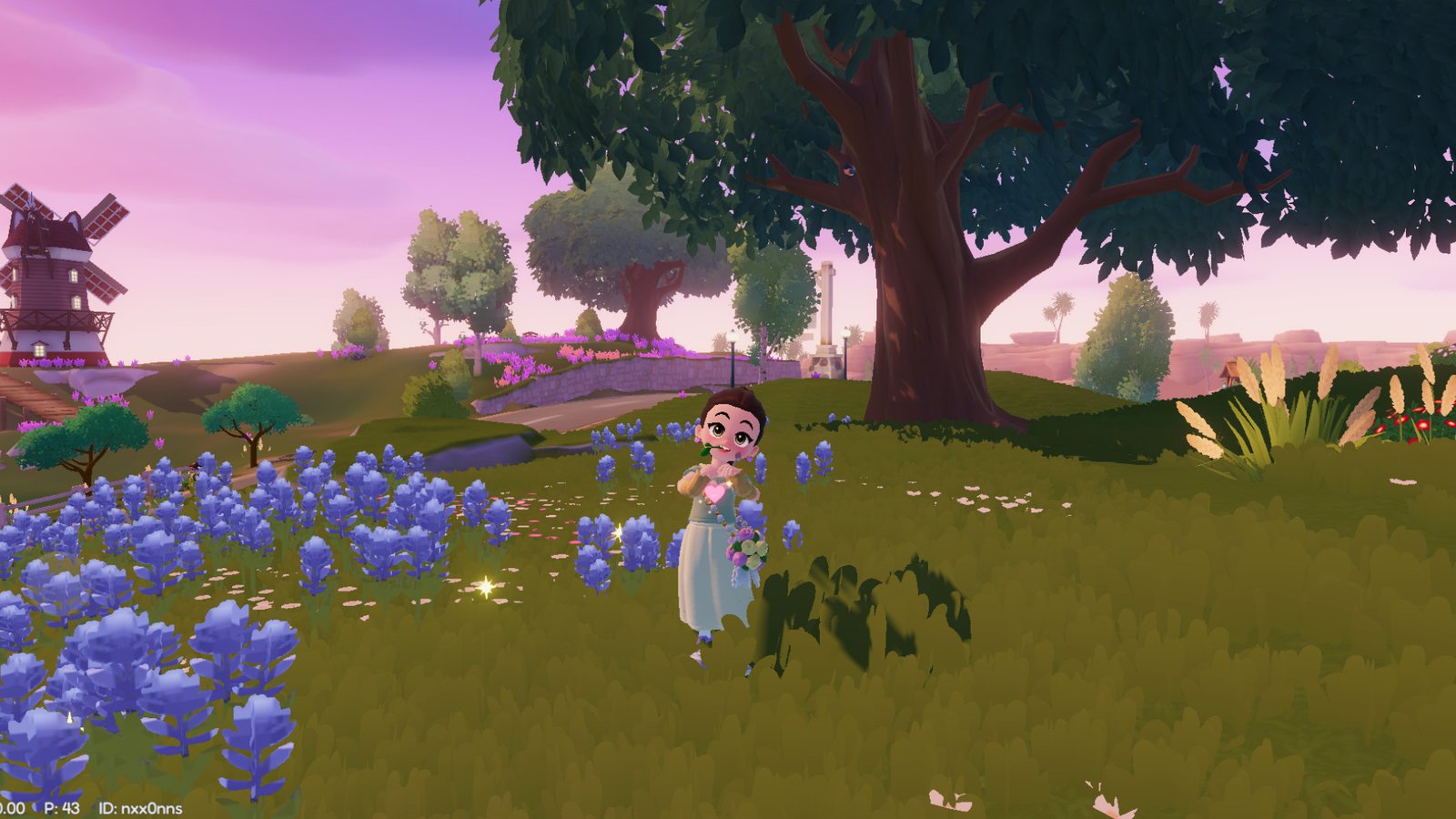 The snow turned off in Heartopia, showing a green field full of flowers in winter.