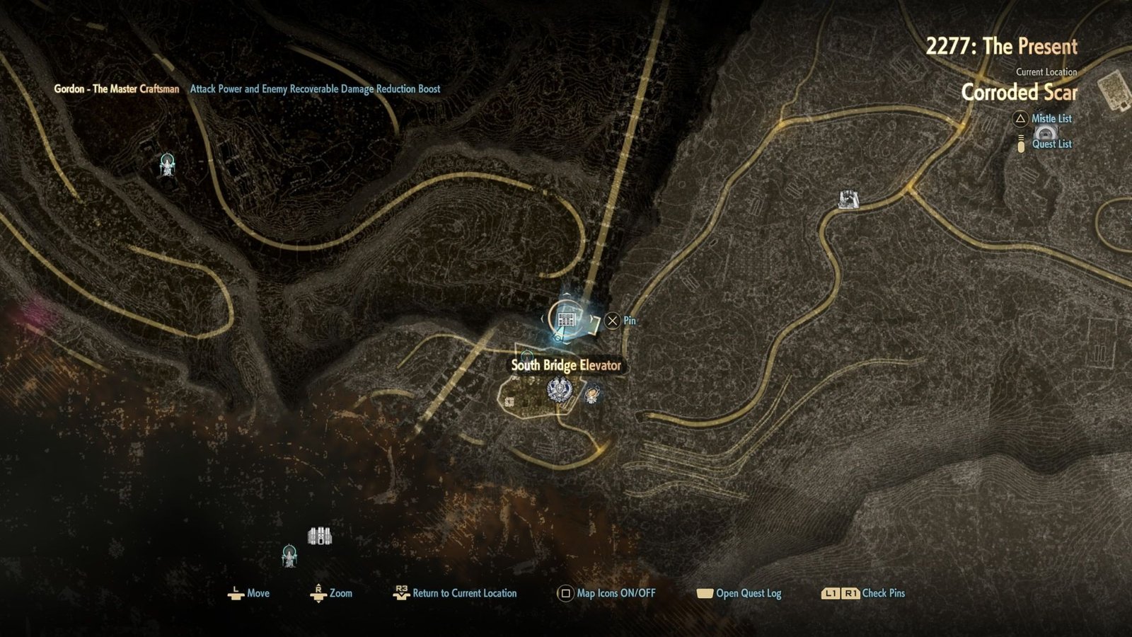 Map showing location of South Bridge Elevator in Code Vein 2