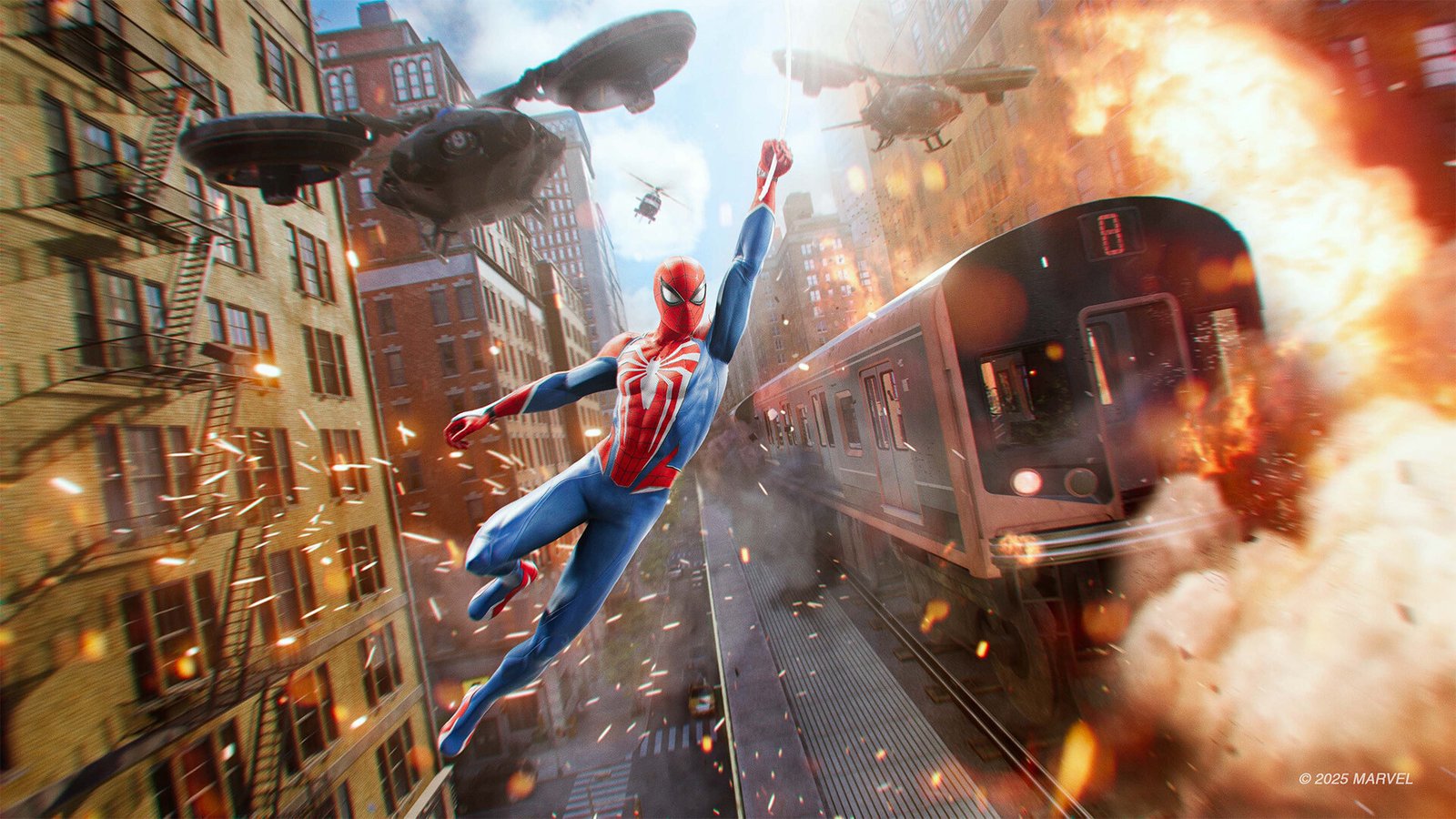 Spider-Man Web Swinging Next To A Train in Spider-Man 2, followed by two drones and a helicopter