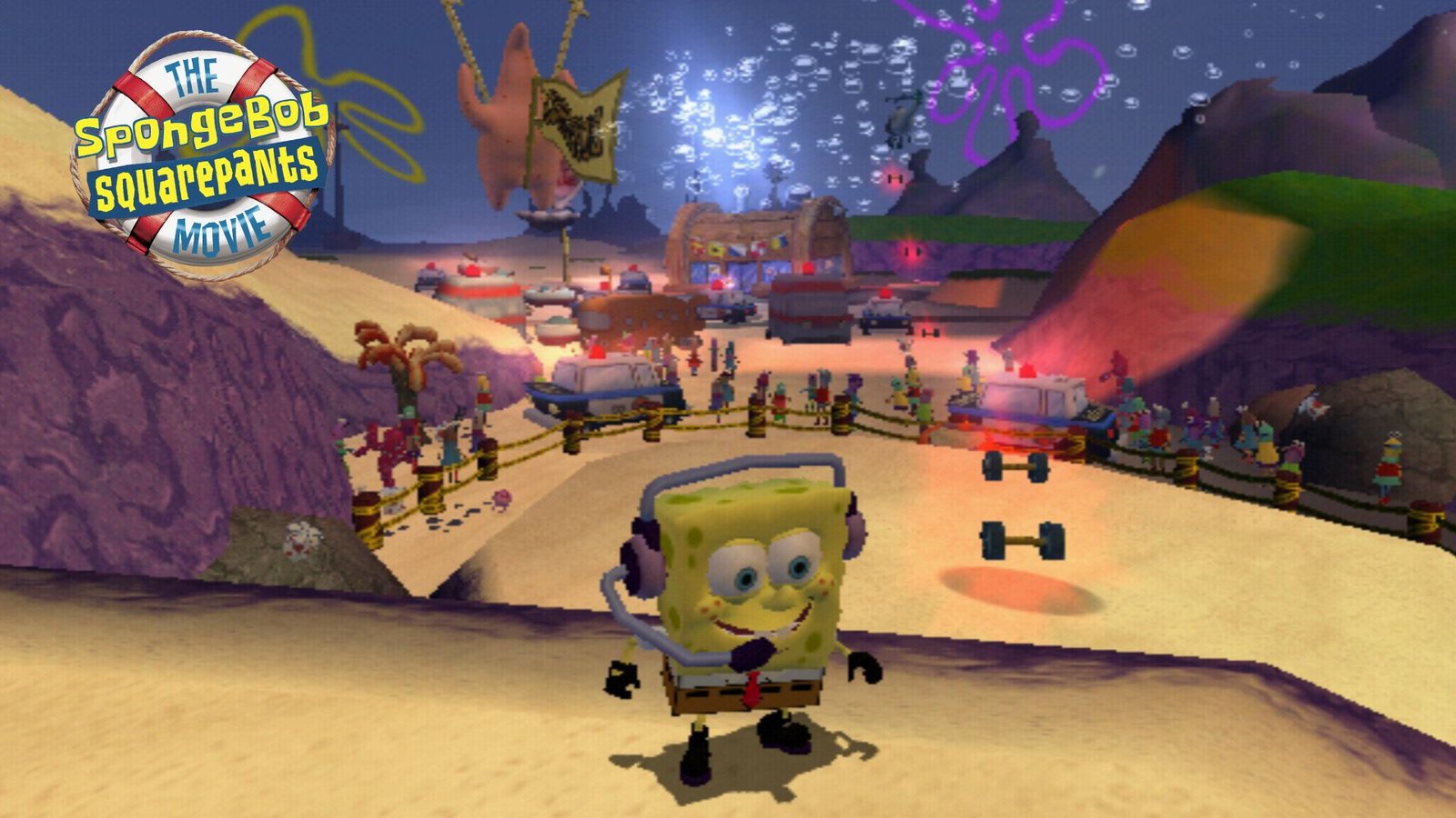 SpongeBob stands in front of a crowd at the Krusty Krab