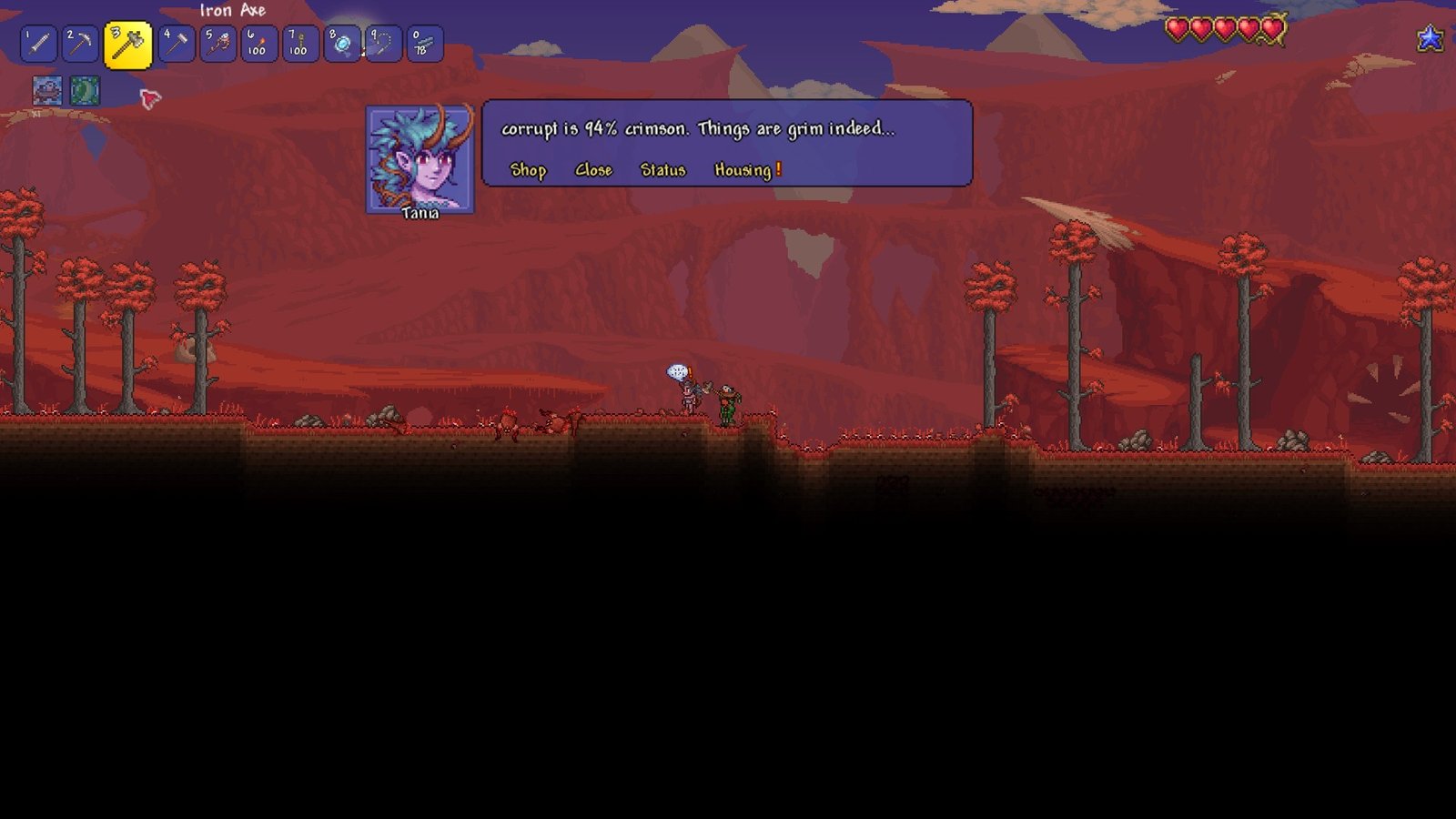 Screenshot of the Dryad's dialogue in Terraria's fully corrupted secret seed.