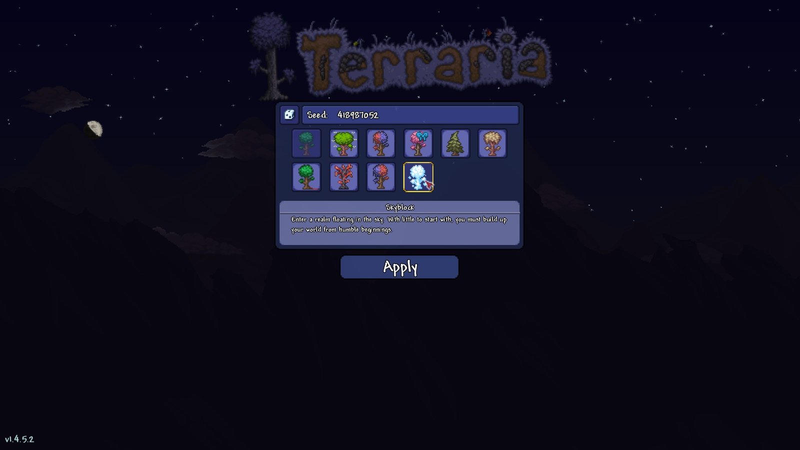 Screenshot of Terraria's Special Seed menu, with the Zenith seed selected and the Skyblock seed hovered over.