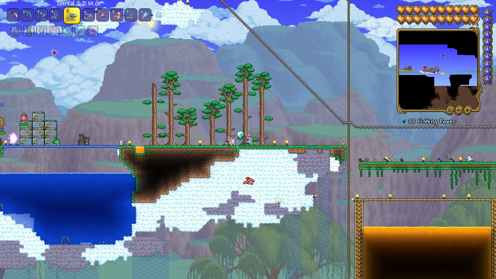 Screenshot of a Terraria Skyblock world, with the player standing on the main island.