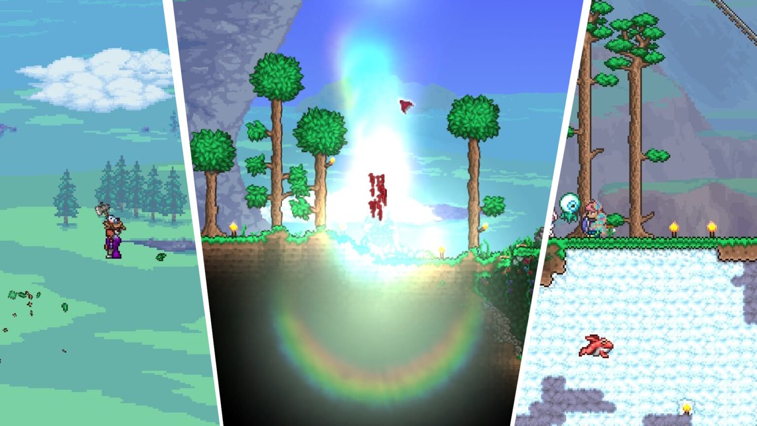 Thumbnail for the "How to beat every Secret Seed in Terraria" article, featuring the invisible, vampire, and skyblock seeds.