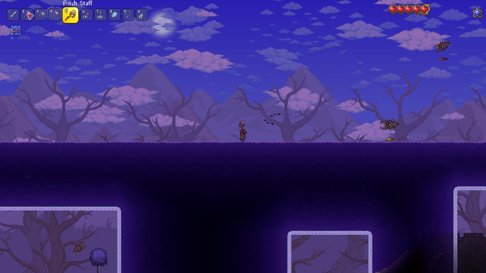Screenshot of the Corruption in Terraria's Water World seed.