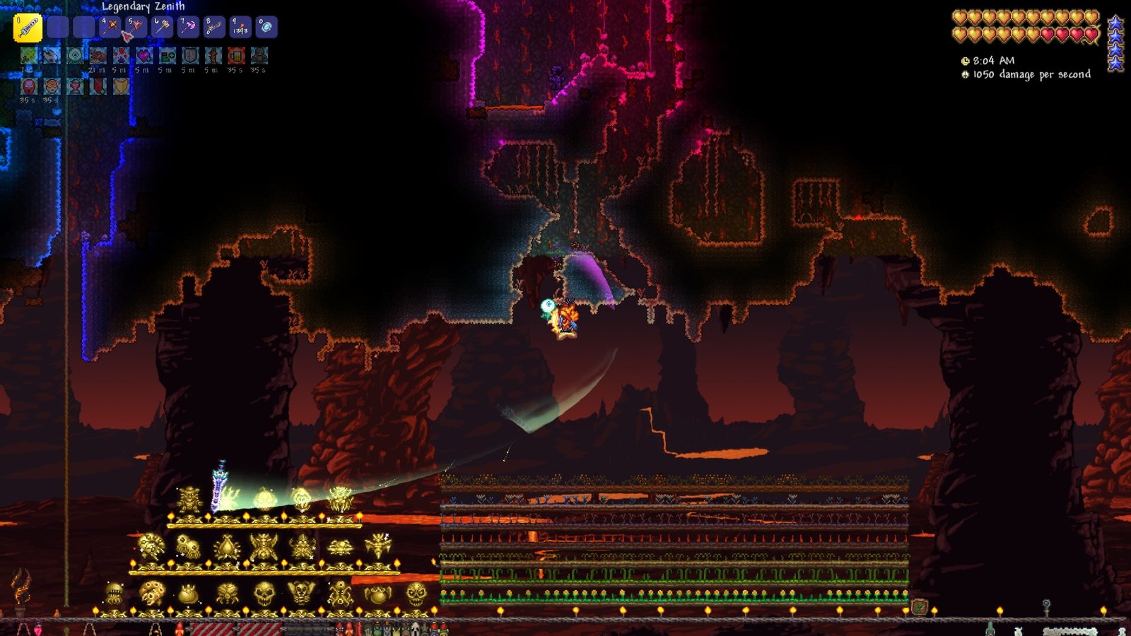 Screenshot of a player using the Zenith in Terraria's Zenith seed.