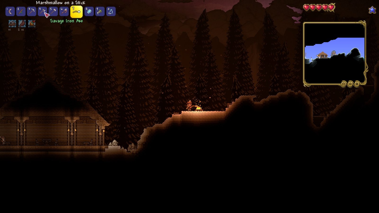 Screenshot of a player cooking a marshmallow on The Constant seed in Terraria.