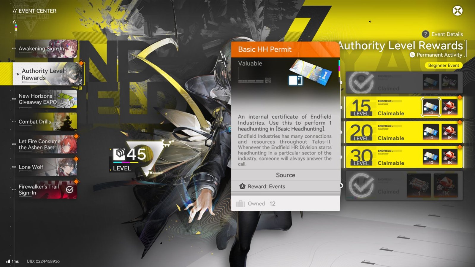 The Account leveling event in Arknight Endfield