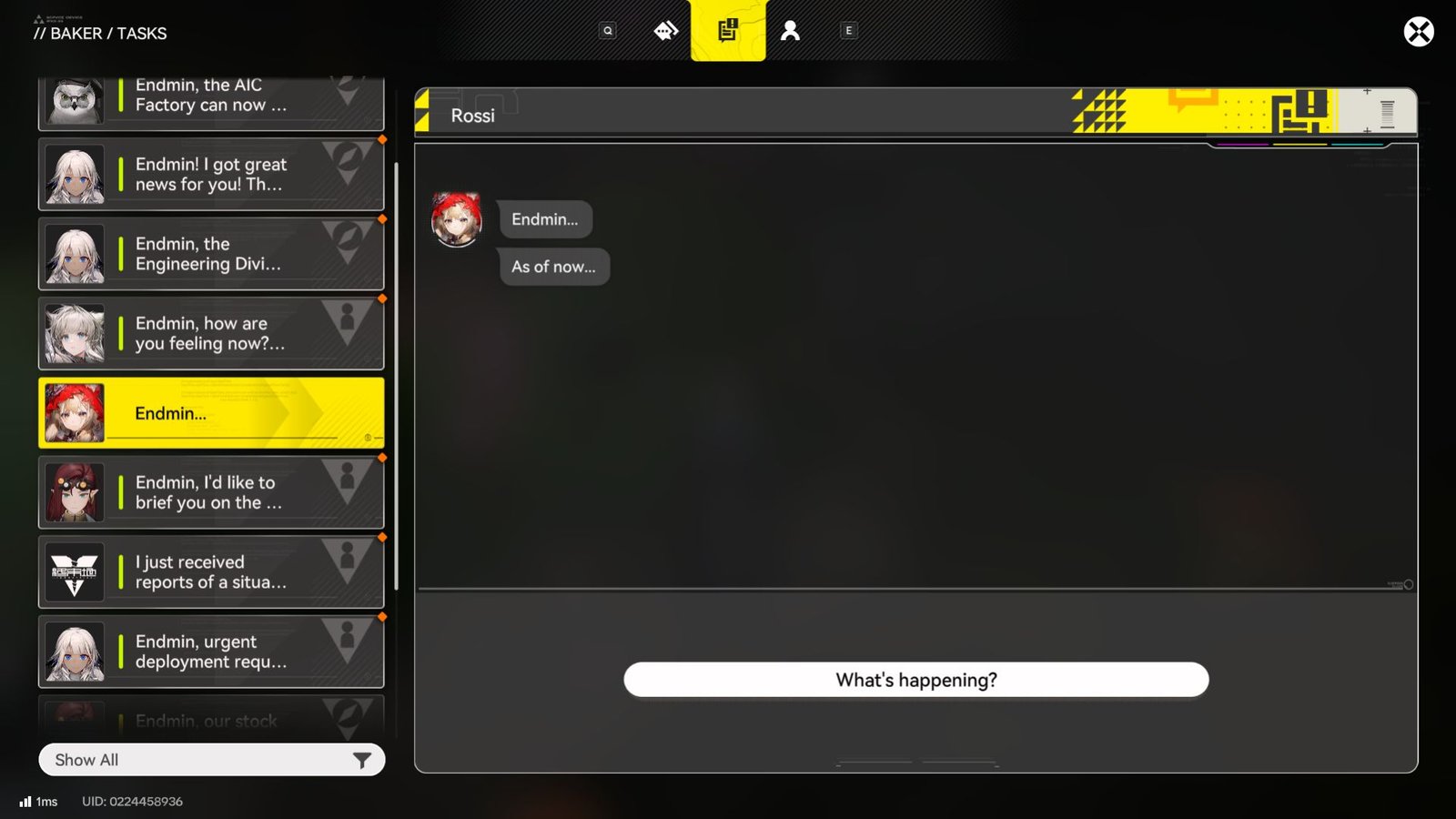 The Baker Tasks menu shows a message from Rossi in Arknights Endfield