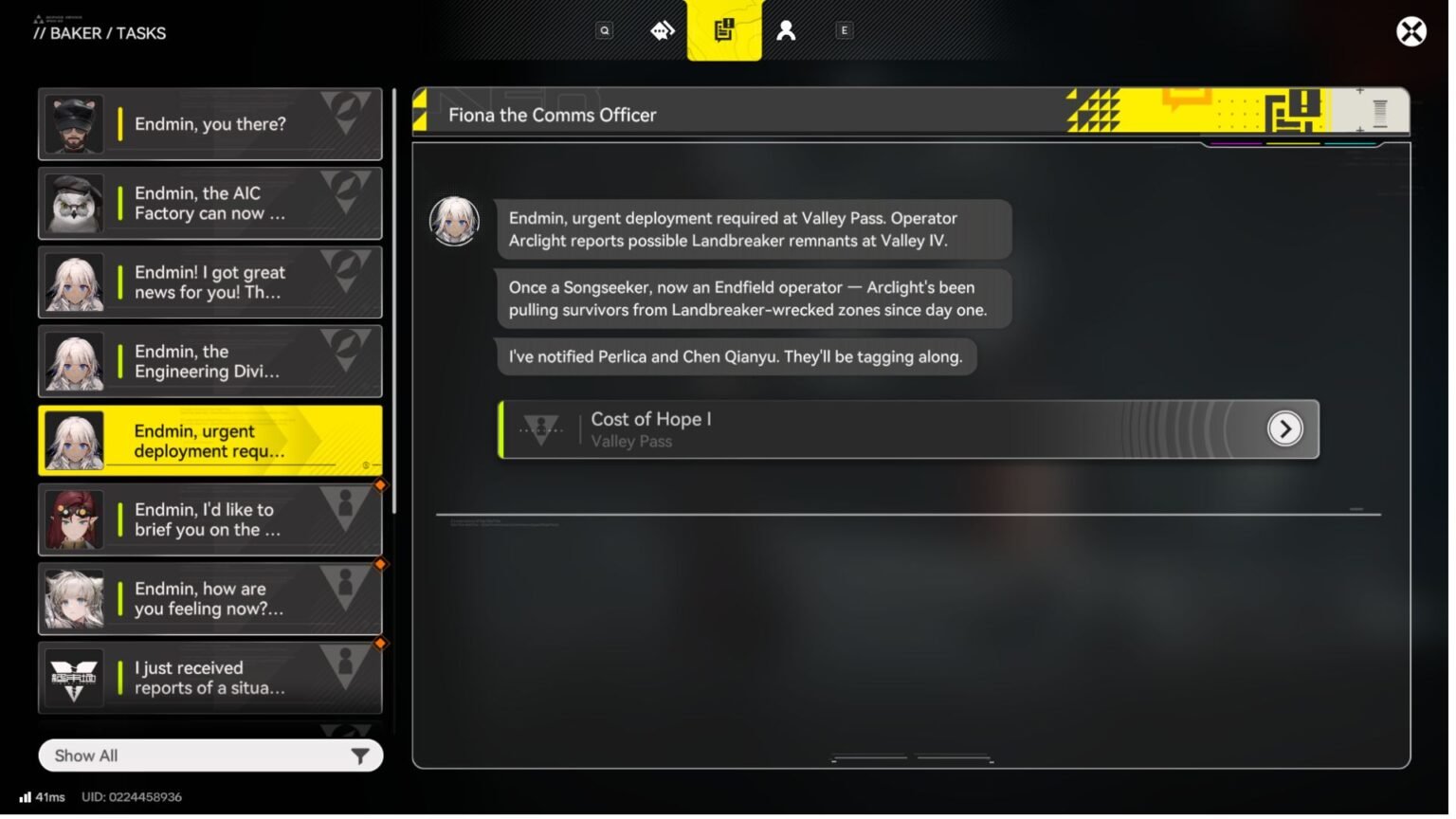 The message that starts the Weapon Tiering quest in Arknights Endfield