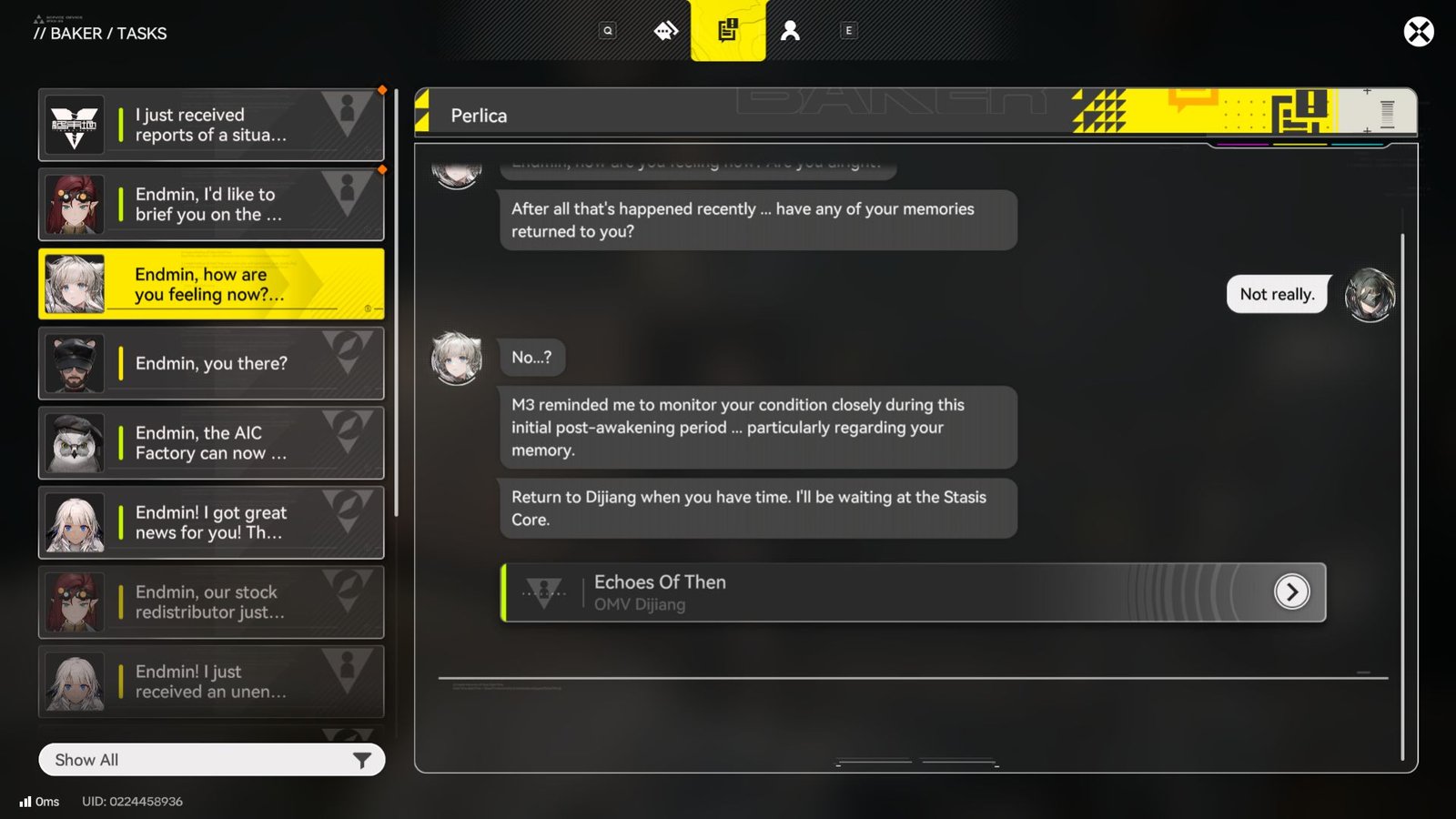 The Baker Task Menu in Arknights Endfield, with a message from Perlica