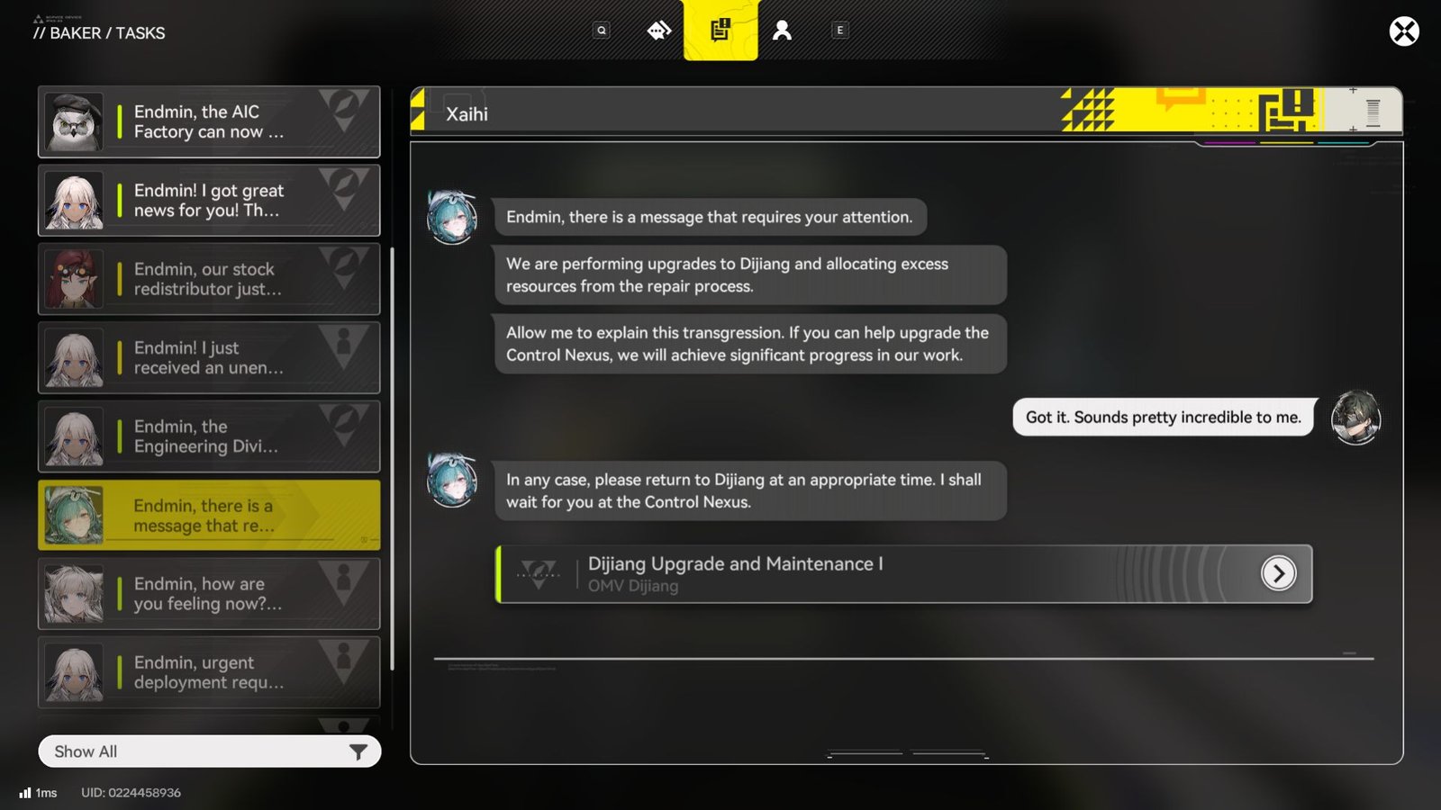 Xaihi unlocking the Dijiang Upgrade and Maintenance 1 Quest