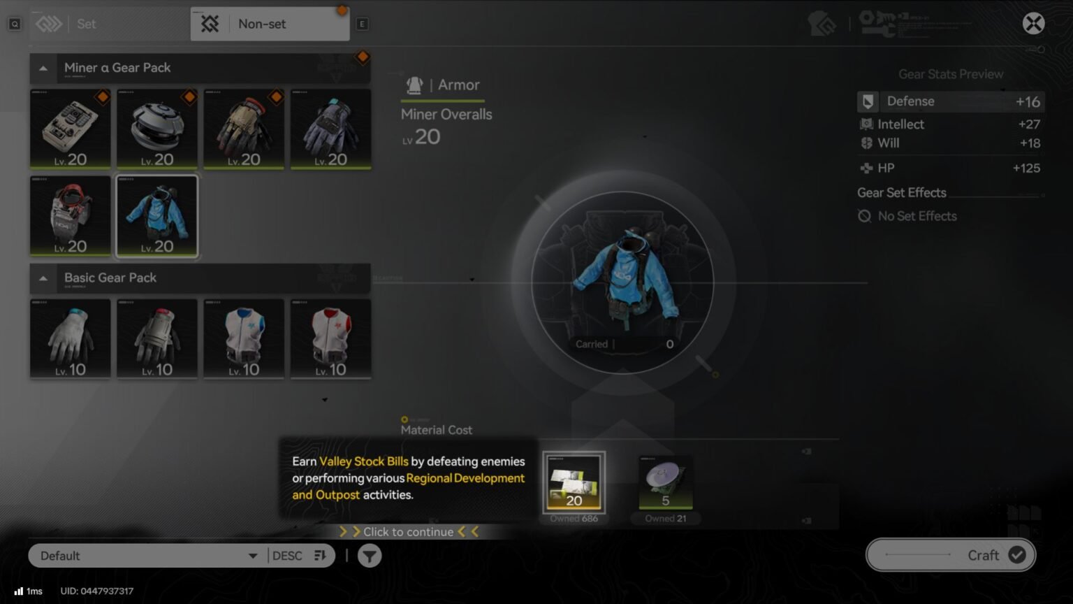 A look at the Gear menu in Arknights Endfield