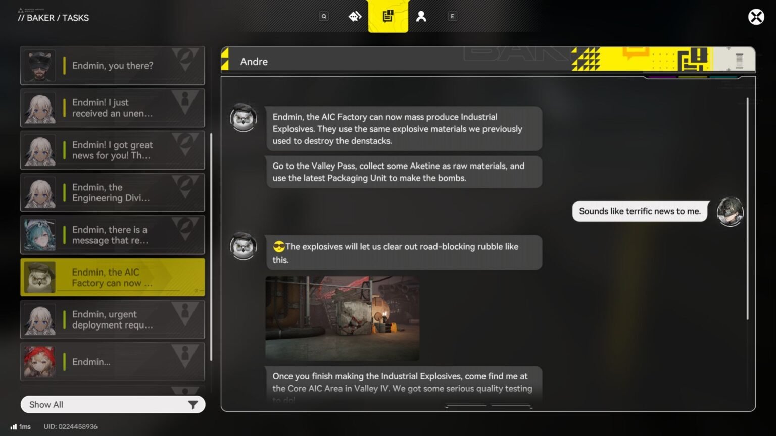 The dialogue to unlock Industrial Explosives in Arknights Endfield