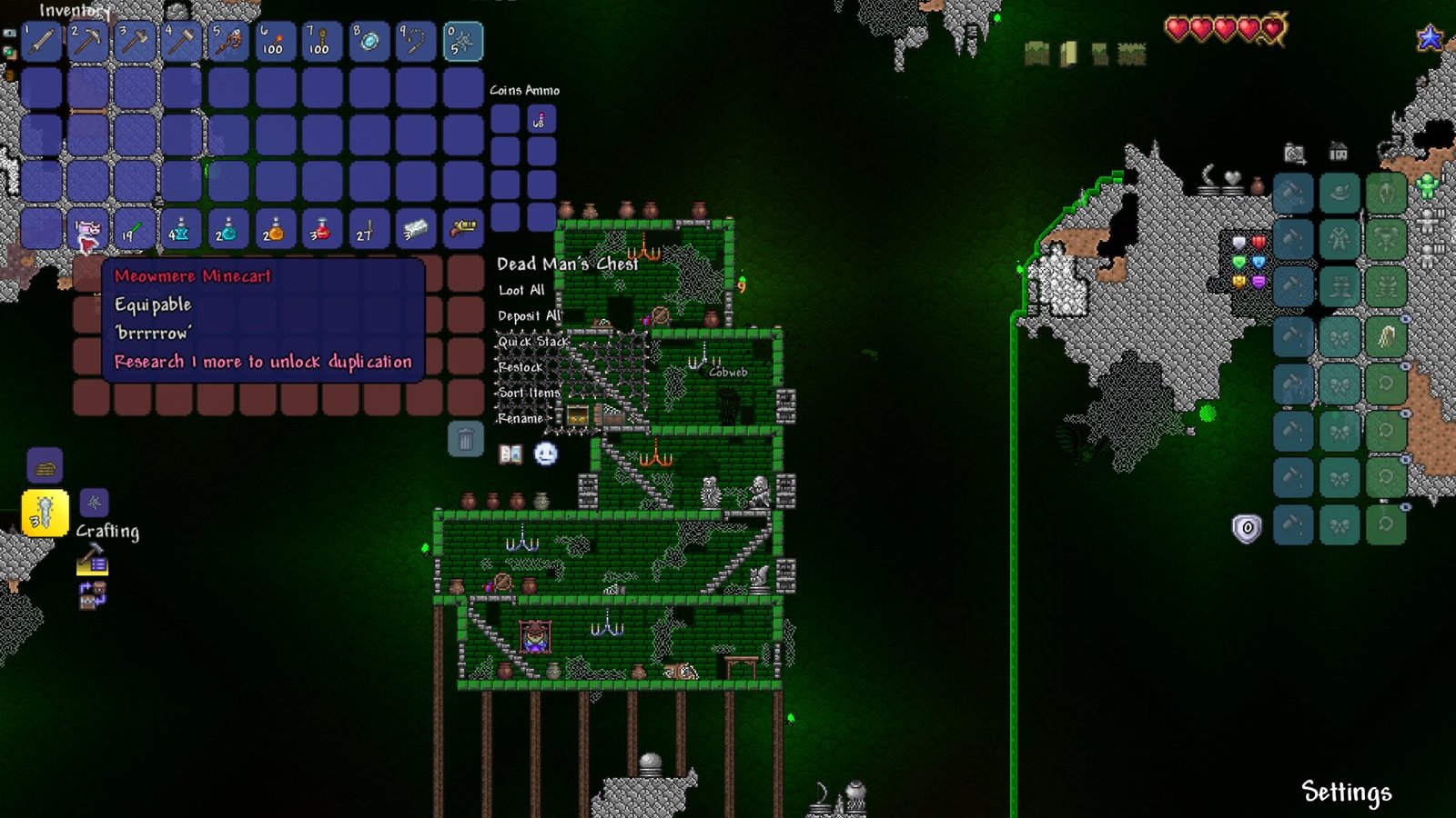 Screenshot of a seed comprised of many secret seeds in Terraria, with the player obtaining a Meowmere Minecart in a Rainbow house.