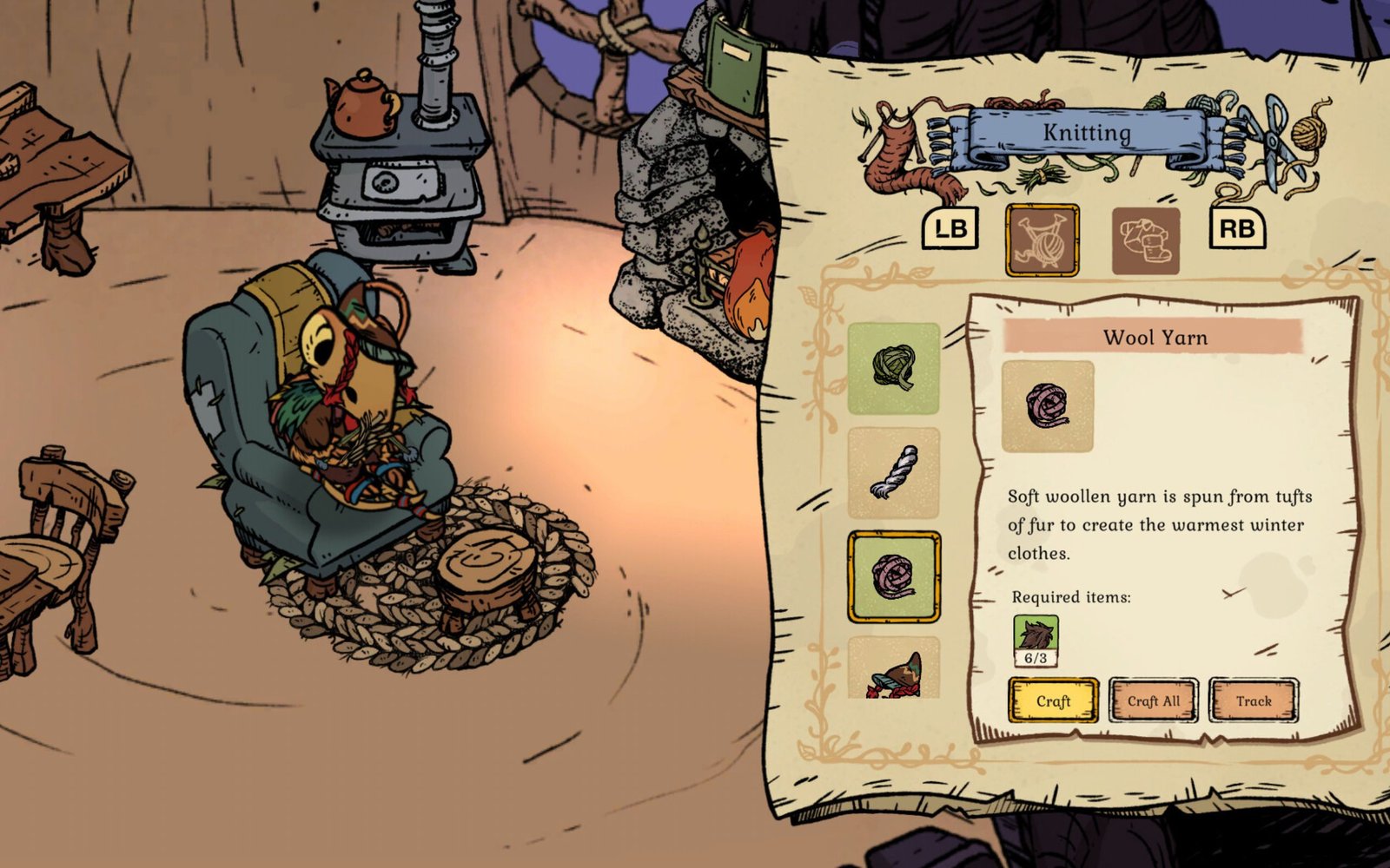 Knitting menu in Winter Burrow