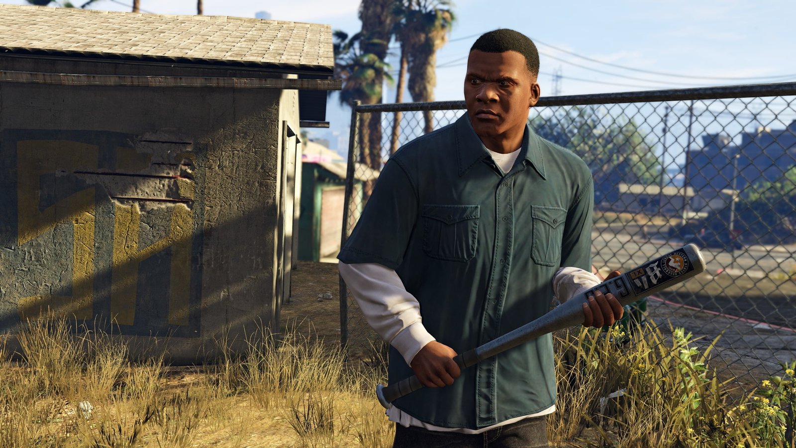 Franklin in GTA V holding a steel bat.