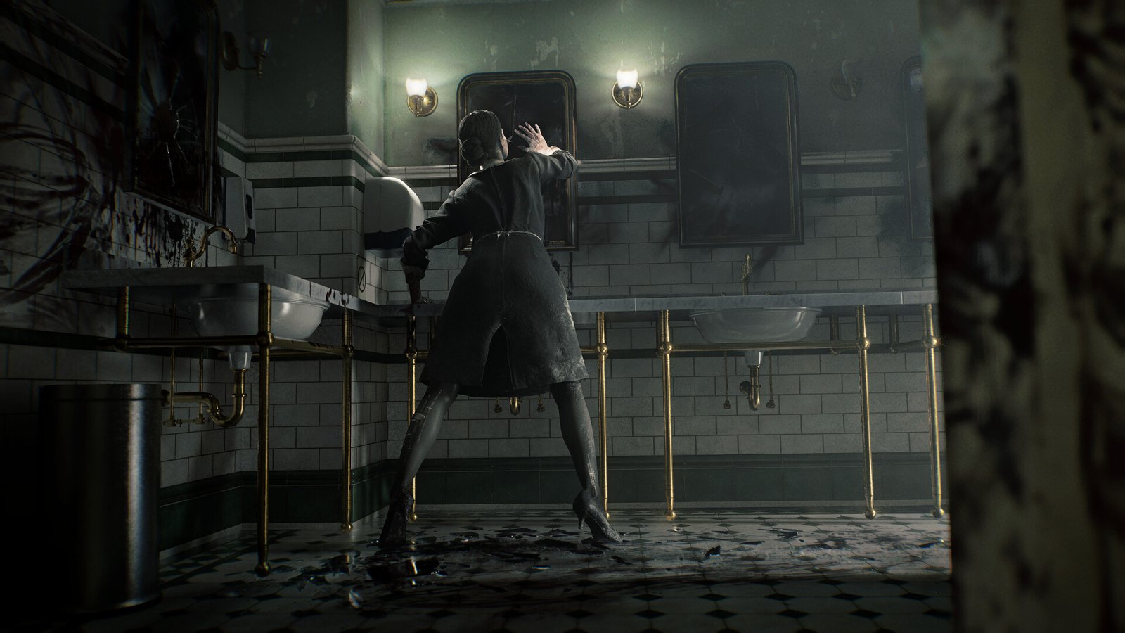 A nurse monster in a bathroom in Resident Evil Requiem.