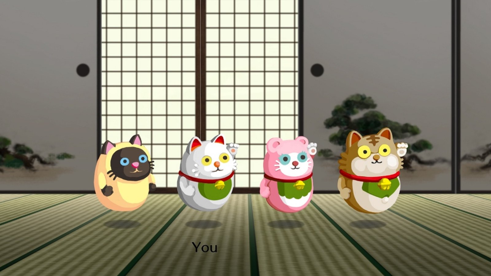 Four lucky cat statues side by side in a tatami room in Rhythm Heaven Groove.