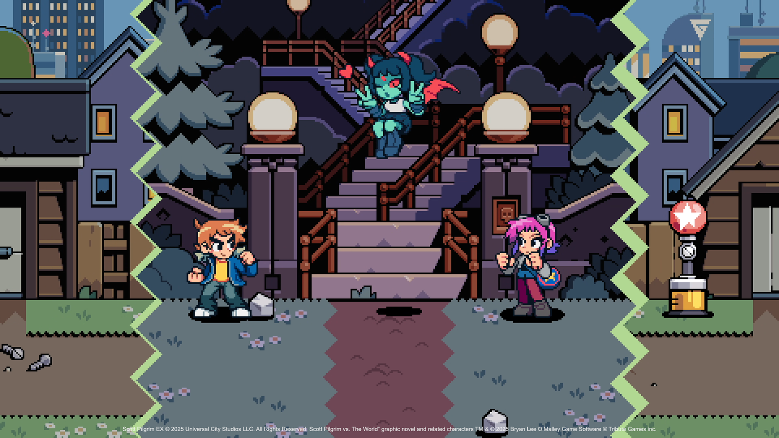 Scott Pilgrim and Ramona Flowers fight a demon woman in Scott Pilgrim EX.