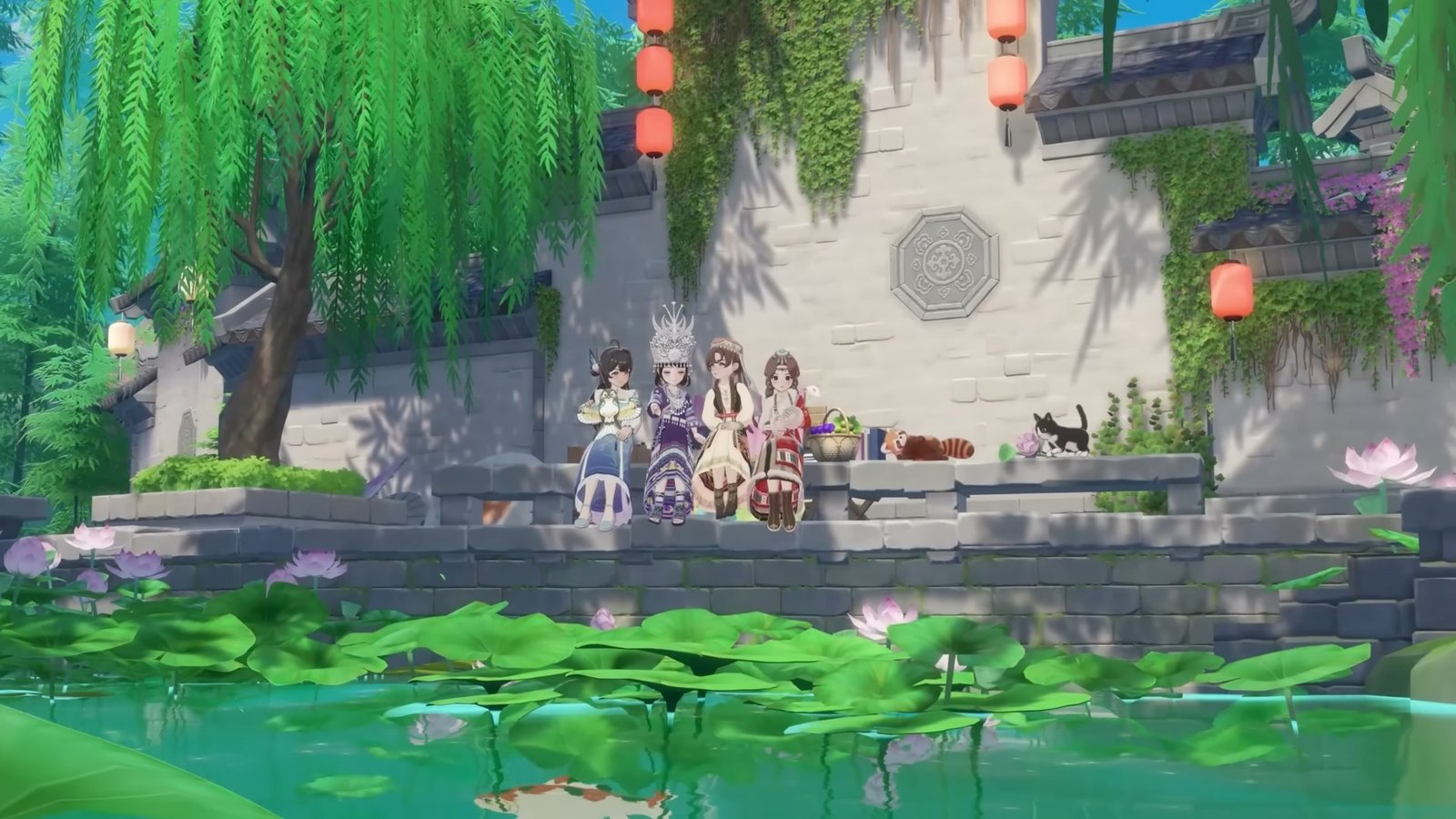 Four girls sat by a pond in Starsand Island with a cat and a red panda.