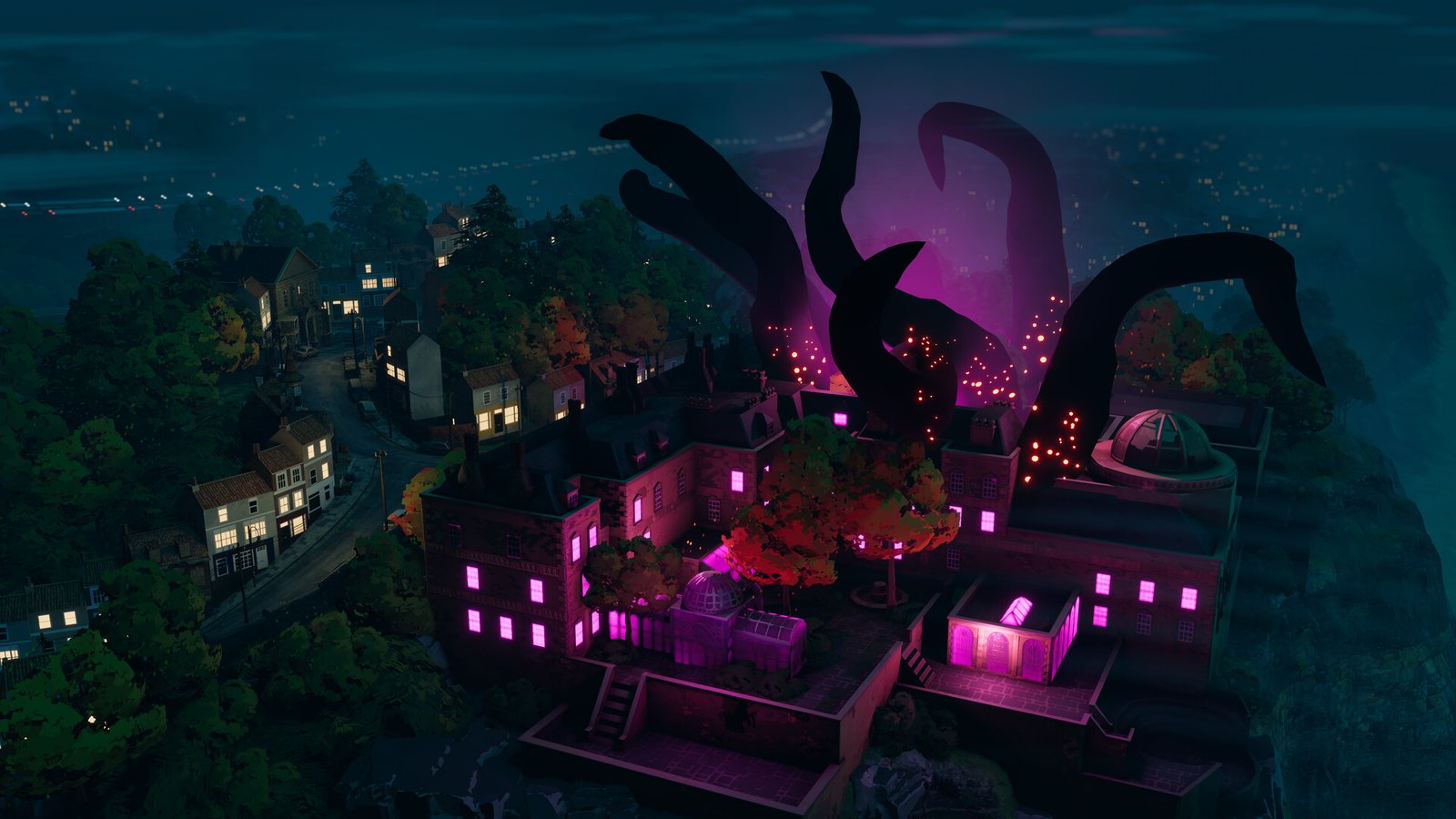 An Eldritchian hotel showing purple tentacles at night in There Are No Ghosts At The Grand.