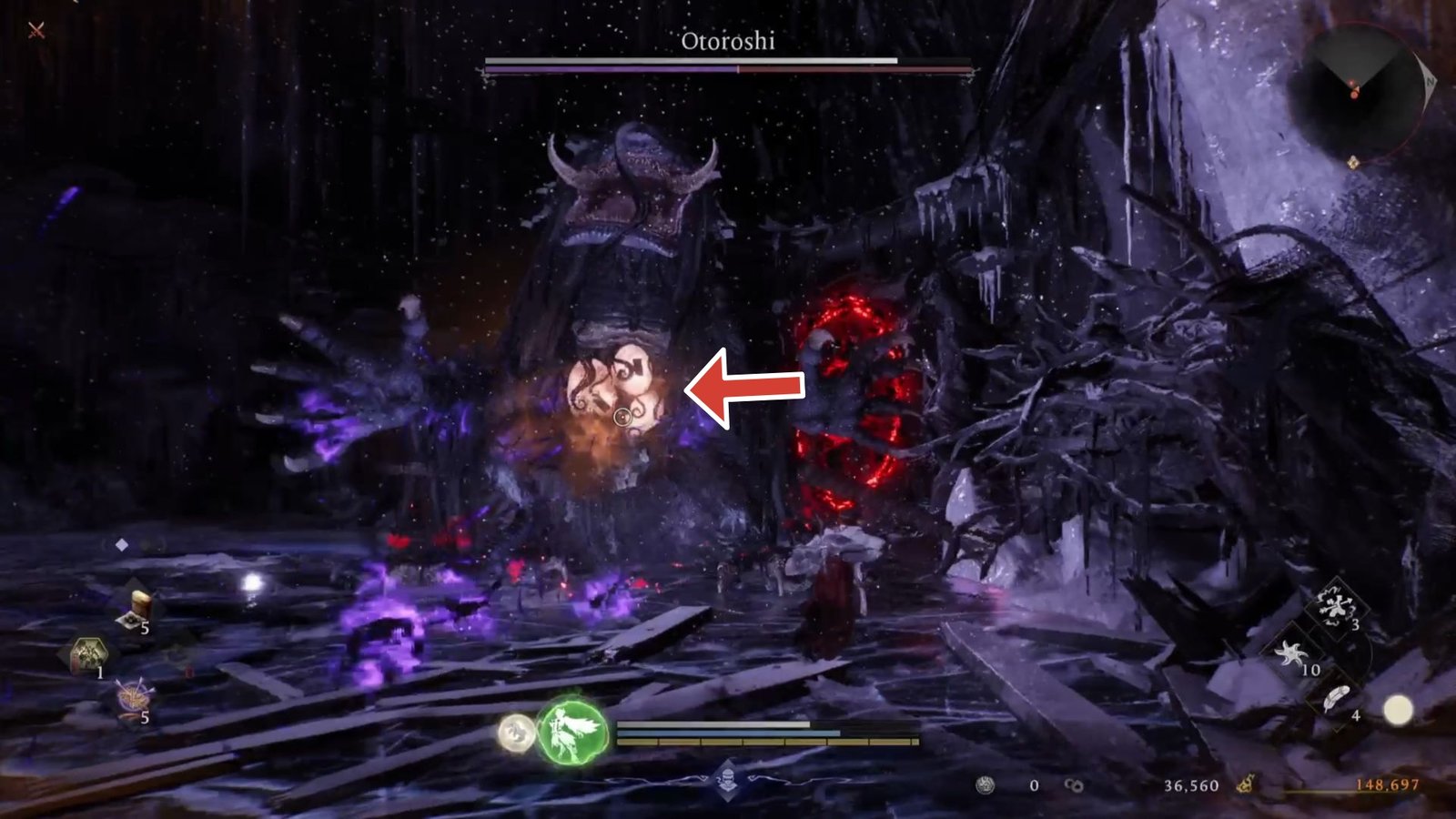 Arrow pointing to Otoroshi's glowing belly in Nioh 3