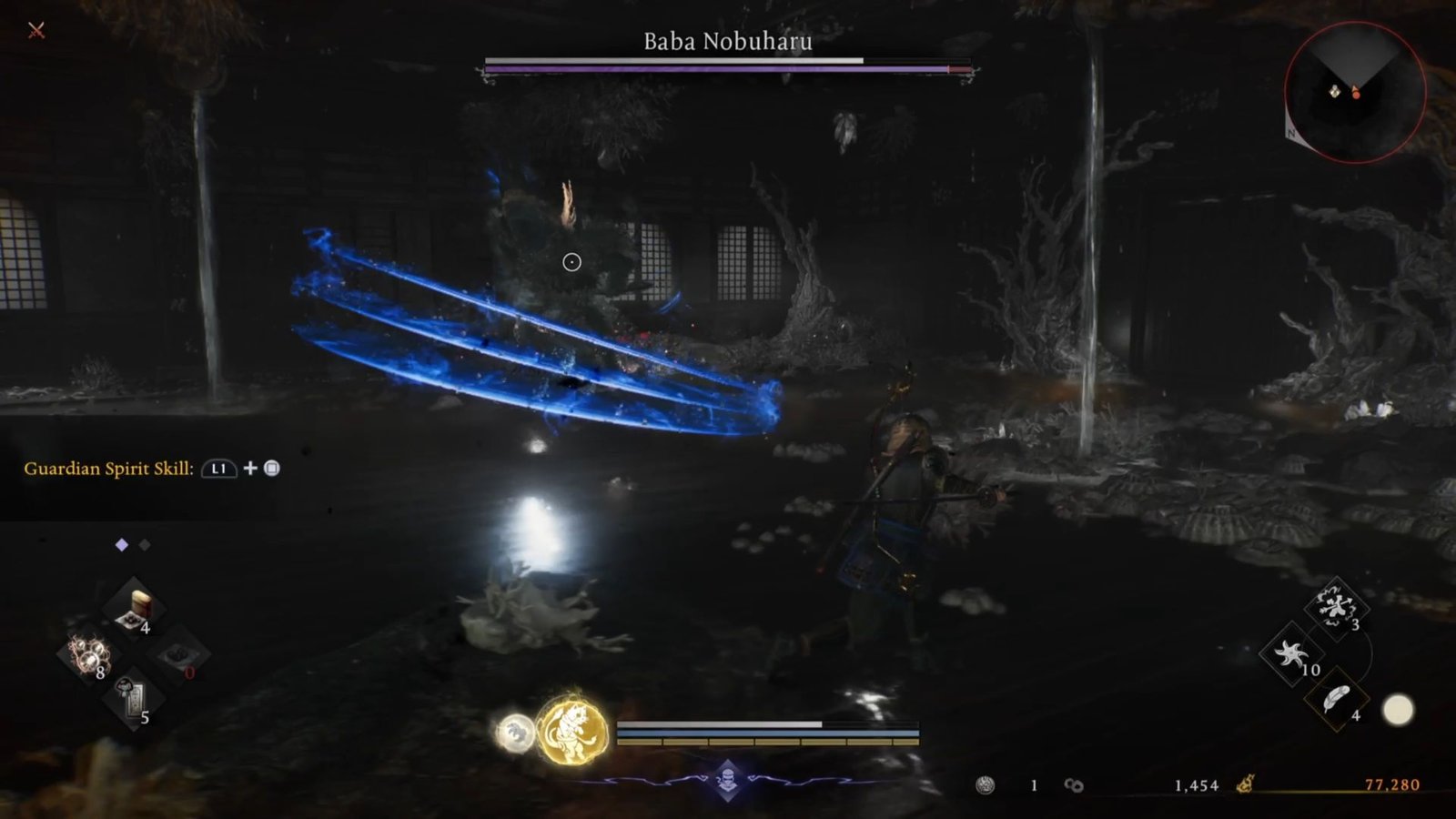 Baba Nobuharu using magic attacks in Nioh 3